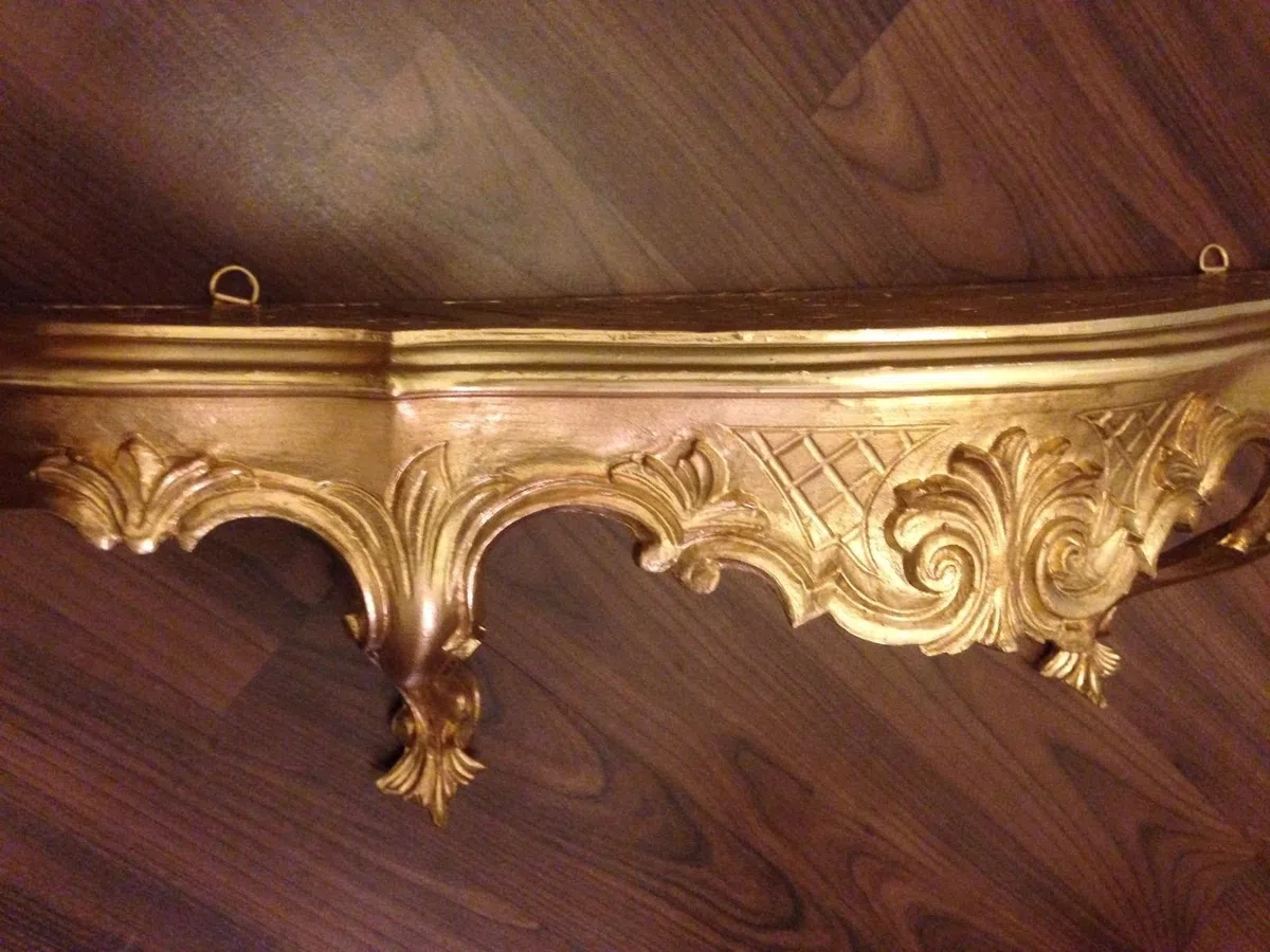 Mensola da parete anticata, stile barocco, 49 x 13 x 21 cm, ripiano a specchio Cp51 (oro)