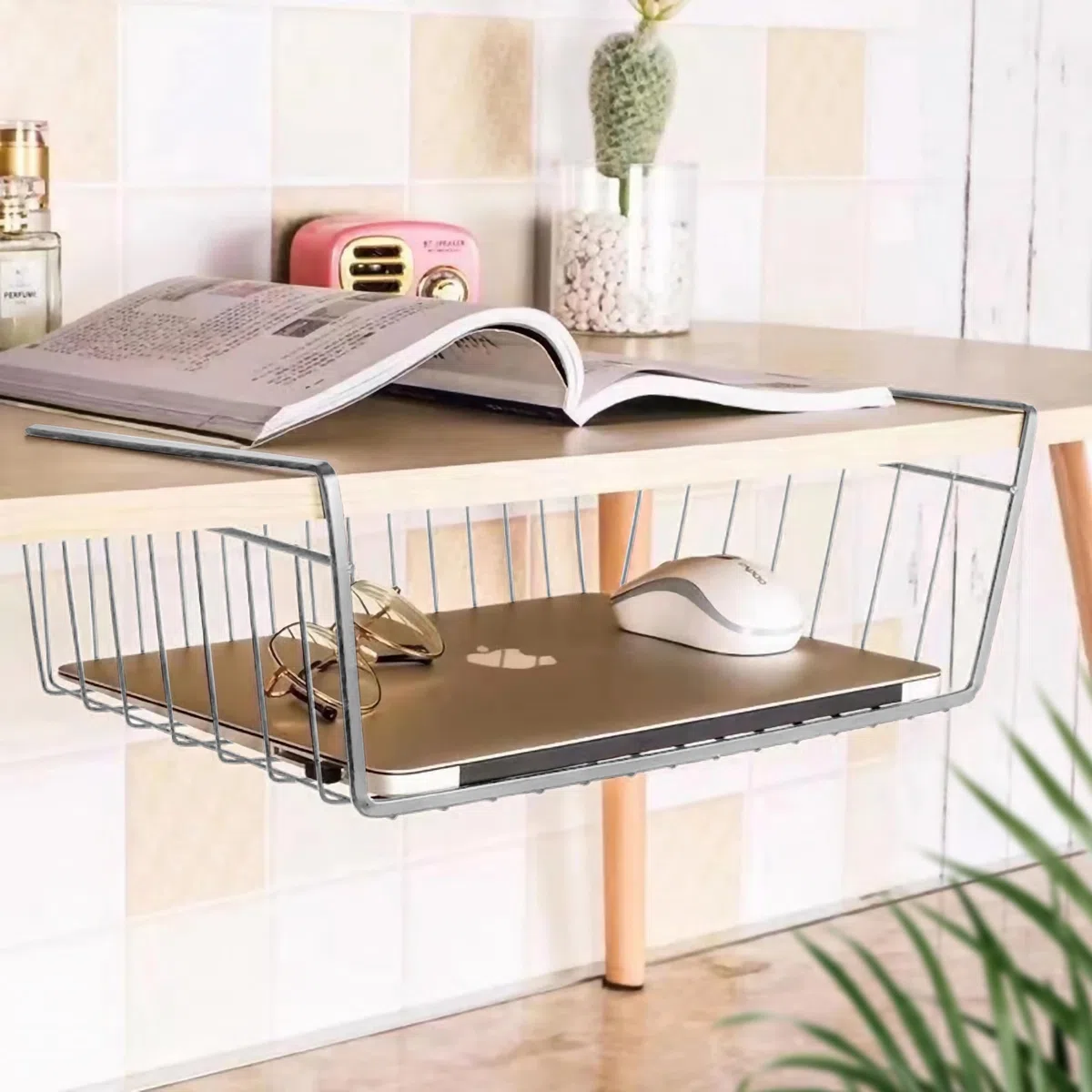 RICOO Cesto Portaoggetti Set da 3 Sottopiano per Ottimizzazione Armadio KR001Sx3, per Cucina Ufficio Bagno 37,5 x 9,5 x 22 cm Argento