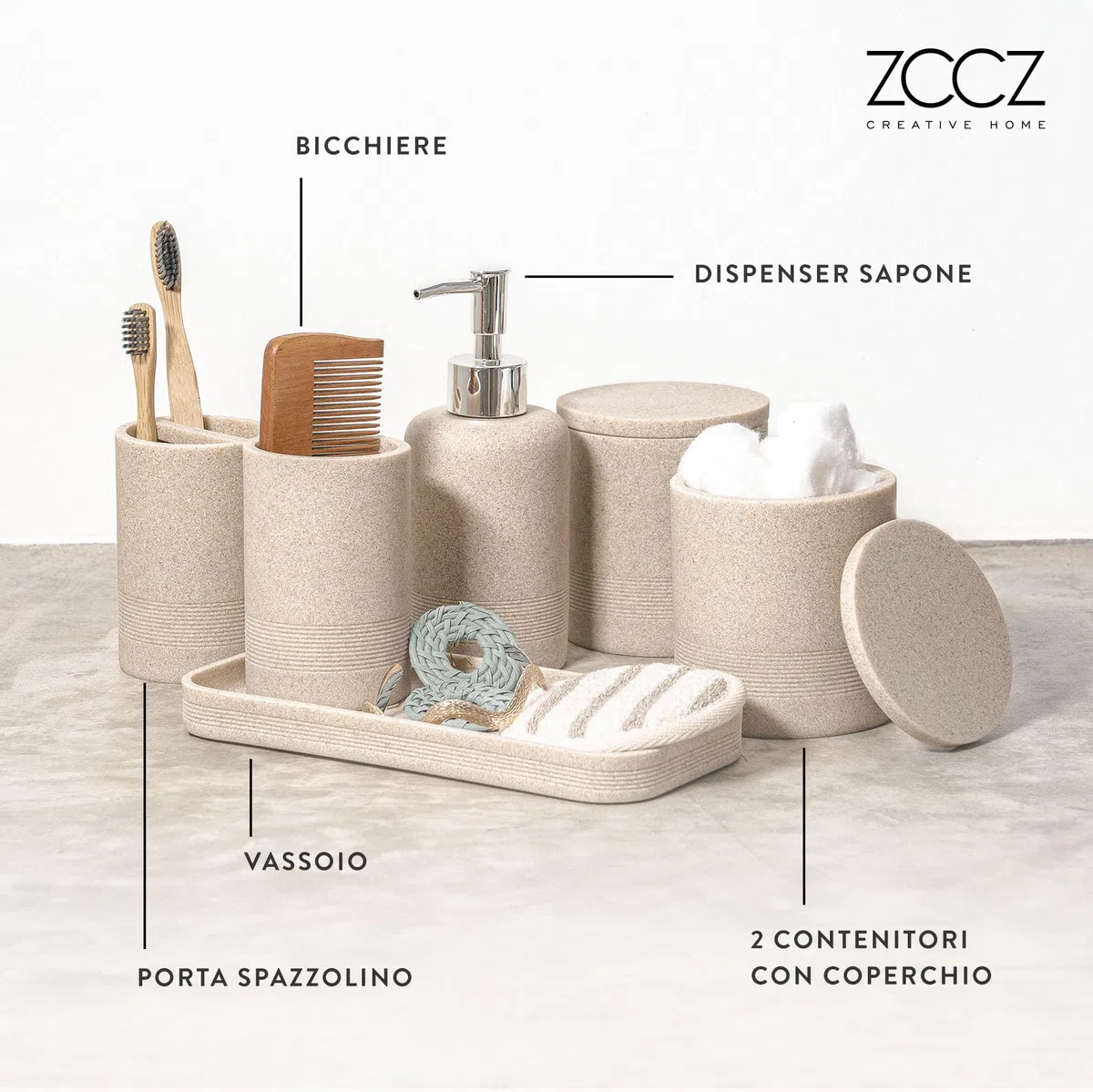 ZCCZ Set Bagno Accessori Completo 6 pezzi - Kit con Dispenser Sapone, Porta Spazzolino, Supporti Qtip, Bicchiere e Vassoio Vanità - Accessori Moderni per Bagno Elegante - Beige