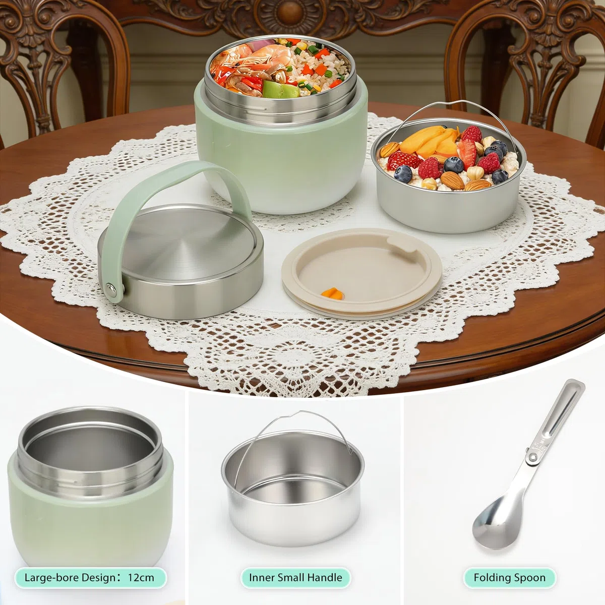 VINATO Porta Pranzo Termico 1.2L Lunch Box Termico Bento Box in Acciaio Inossidabile Antigoccia, BPA-Free con Cucchiaio - per Ufficio, Scuola, Escursioni