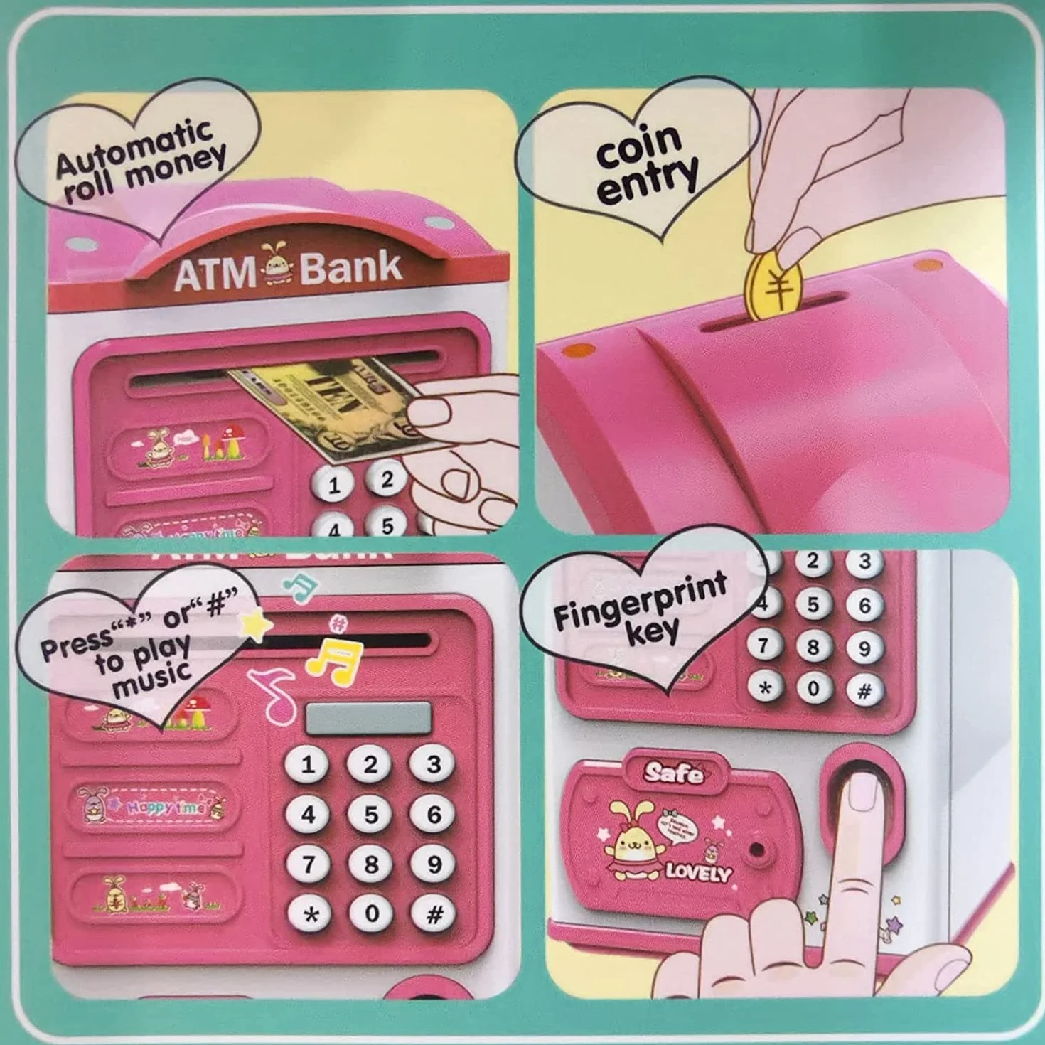 Salvadanaio con impronte digitali e codice password, Salvadanaio per Bambini, Mini Bancomat, Monete e Banconote Cassaforte Cassa di Risparmio, Compleanno Regalo di Natale per Ragazzi e Ragazze (Rosa)