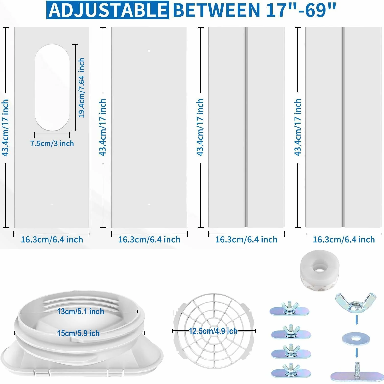 Kit di sfiato per finestre Air Condizionatore - per Tubo di Scarico 13 cm in Senso antiorario/in Senso orario e 15 cm in Senso antiorario, per Finestra da 43-140cm - Nessun tubo