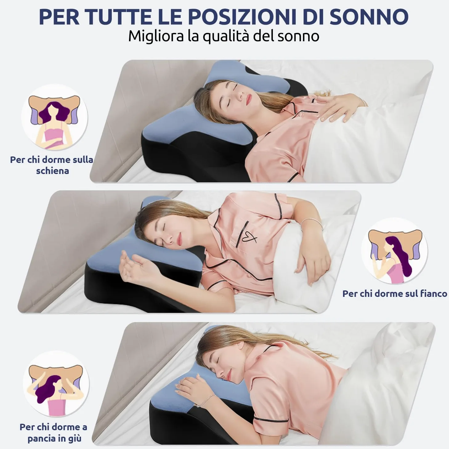DONAMA cuscino cervicale per dormire, cuscino ergonomico cervicale per Dormitori Laterali, Supini e Proni con Federa Sfoderabile e Lavabile (Blu Nero, 66x37x13 cm)