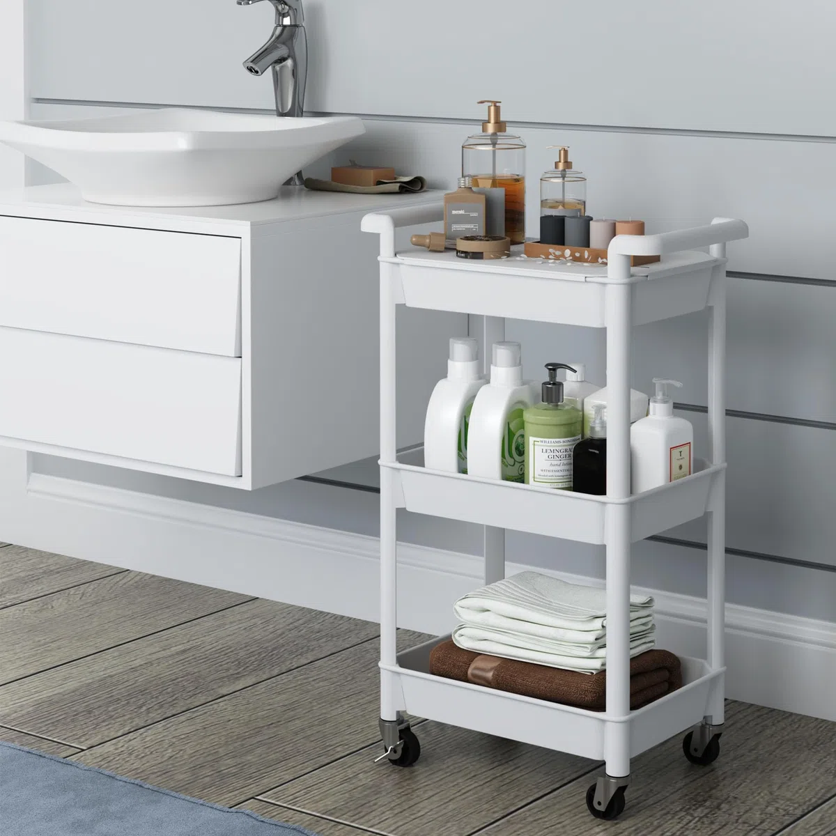 Steehoom Carrello portautensili a 3 livelli con piano superiore di copertura, carrello mobile con ruote bloccabili, carrello portaoggetti multifunzione per ufficio, bagno, cucina, giardino, lavanderia