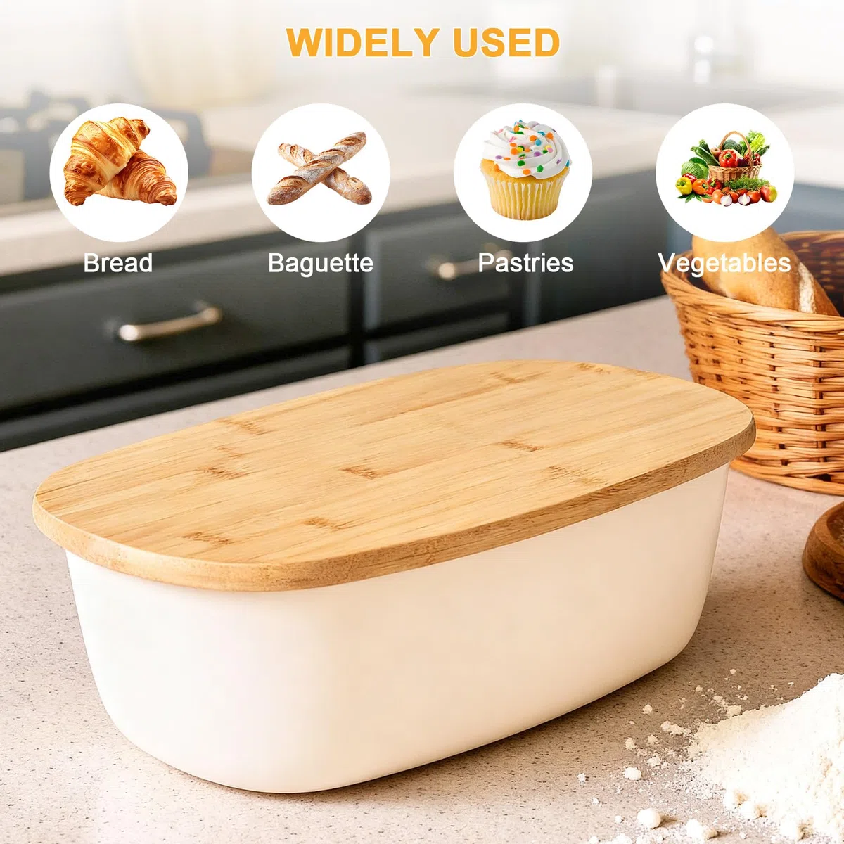 Cozary Portapane con Coperchio in Bambù, 6L Porta Pane da Cucina con Sacchetto per il Pane in Lino, 37x22,5x14 cm, Fondo Antiscivolo, una Aggiore Freschezza (Bianco)