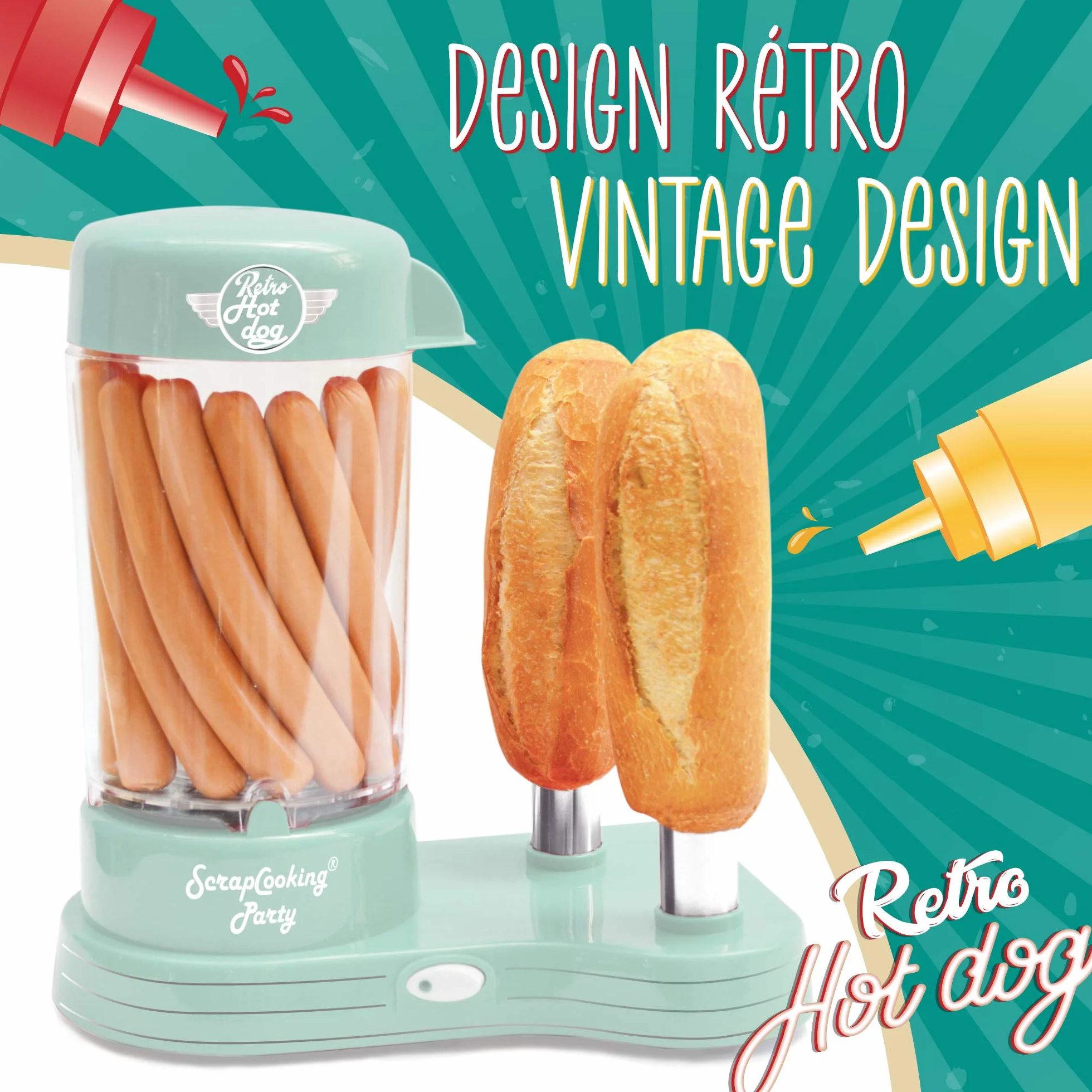 ScrapCooking - Macchina per Hot Dog - Cuoci Wurstel per Creare Veri Hotgog Americani - Capacità 12 Salsicce & 2 Panini, Stile Vintage Vintage per Serate Barbecue Feste Sagre - Verde