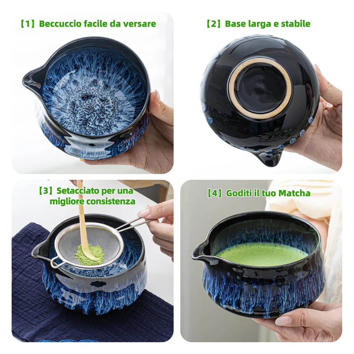 TEANAGOO MATCHA KIT 7 pezzi, Matcha Cerimoniale, kit Junware blu, set da tè matcha per preparare la colazione/latte, ciotola in ceramica (chawan) con beccuccio e frusta