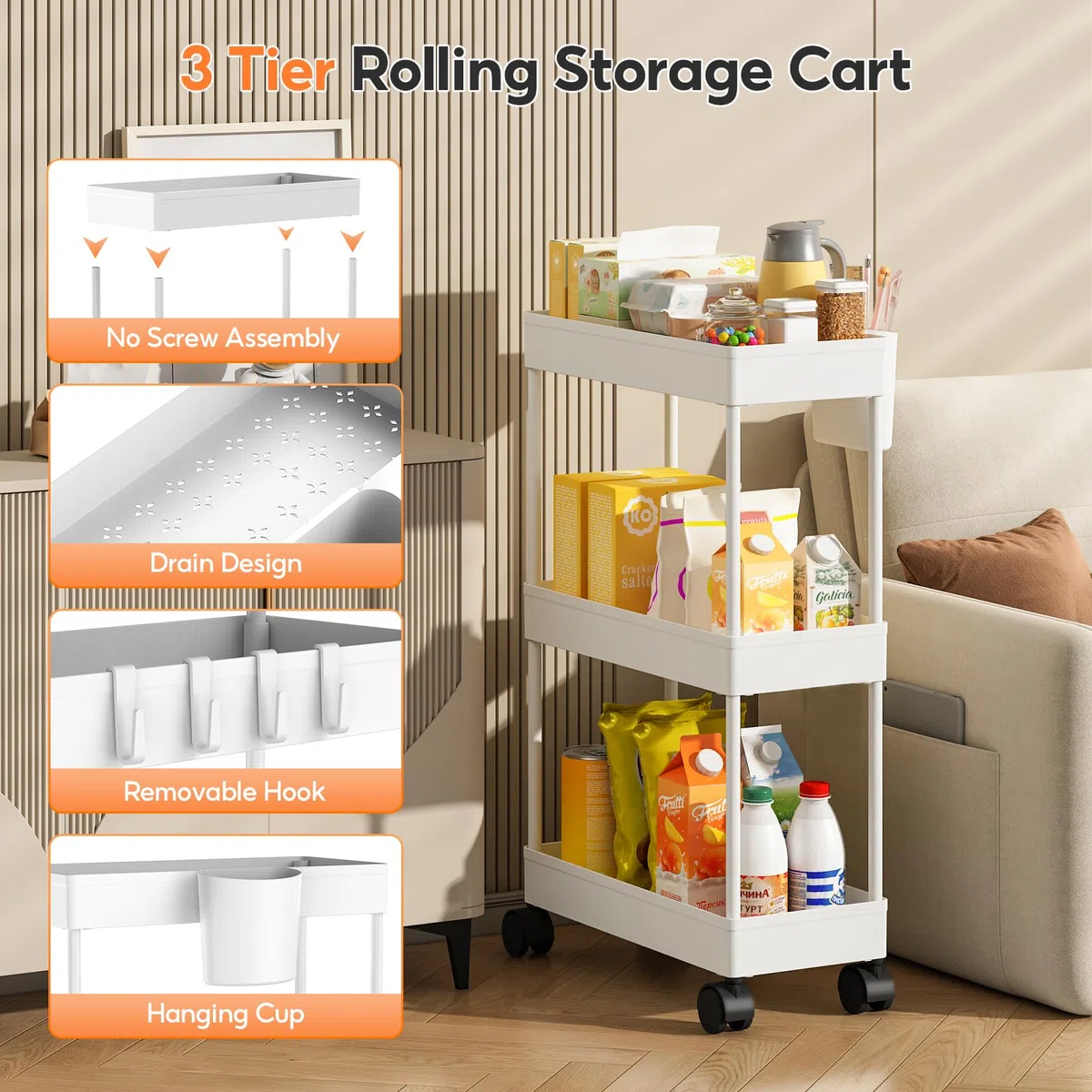 Shirvee 2 PCS Carrello con Ruote a 3 Ripiani Mobile Rotelle Salvaspazio Storage Rack Bagno Cucina per Portavivande Portafrutta (Bianco)