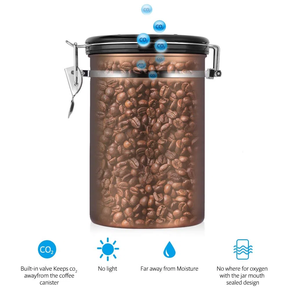 Jeffergarden Contenitore per Caffè in Acciaio Inox, 1,8L, Contenitore Ermetico con Valvola e Indicatore Data, per