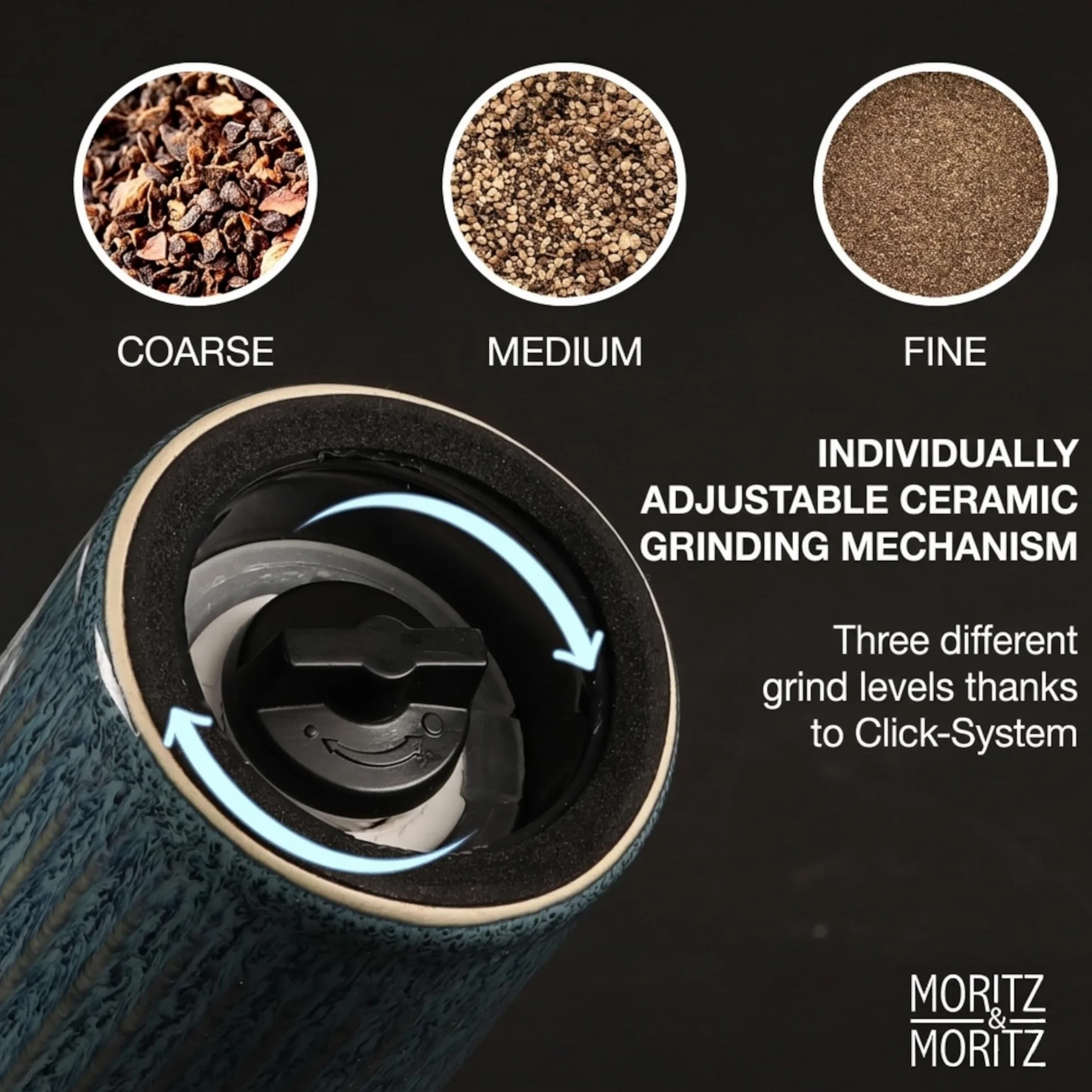 Moritz & Moritz PEPE Set 2 Macinaspezie Blu/Verde – Macinapepe e Macinasale in Ceramica, Legno di Acacia e Gres, Regolazione Macinatura, Ricaricabili per Sale, Pepe e Spezie