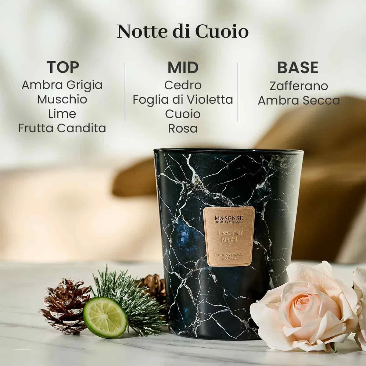 M&SENSE Candela Profumata Grandi 990g Notte Cuoio, 3 Stoppini 150H Dura, Naturali Cera di Soia Non Tossico Candele, Marmo Vetro Room Decor, Regalo di Lusso per Donne/Natale, Home Scented Oversize