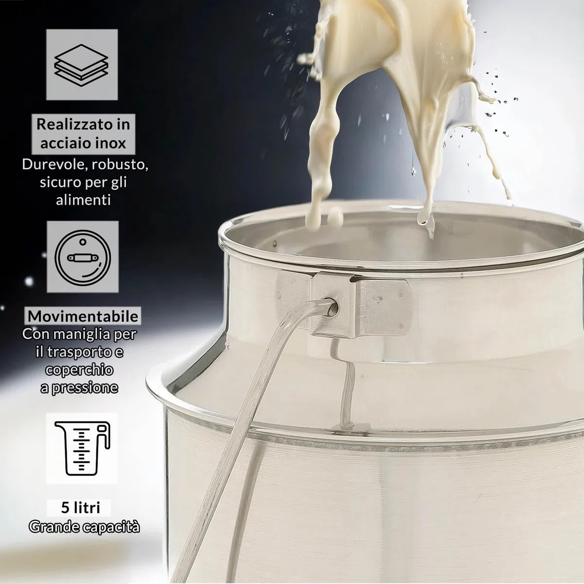 Lattiera in acciaio inox 5l - lattiera - per salse caffè latte - alta 25,5 cm - con coperchio - manico contenitore per il trasporto - decorazione - brocca per caffè - contenitore per vino