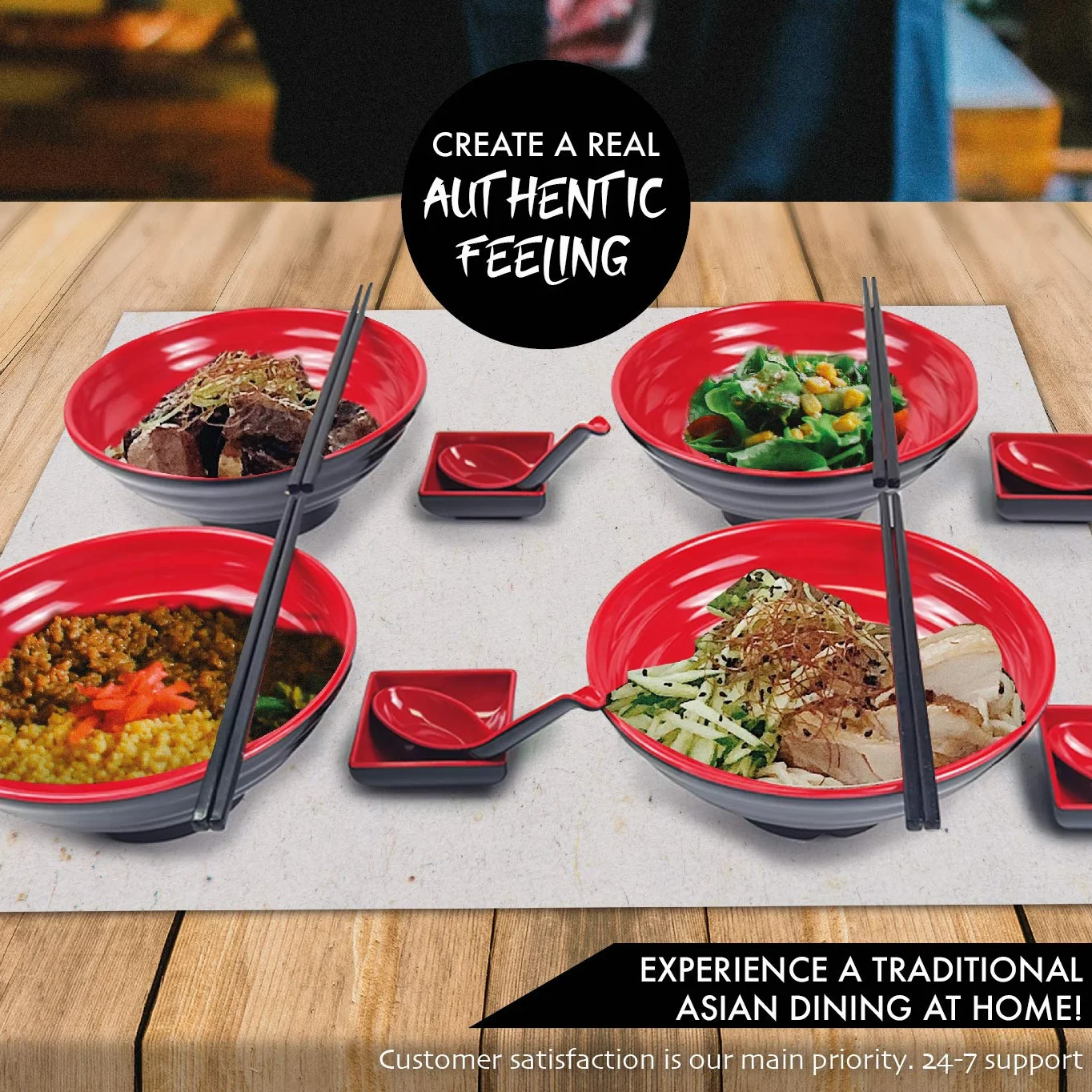 BALIBETOV Ciotole Giapponesi per Ramen Set - Include 4 Ciotola Ramen in Melamina, Bacchette, Cucchiai e Piccolo Piatti Giapponesi per Salsa - Ideale Per Zuppe Asiatica o Pho (Rosso, 4)