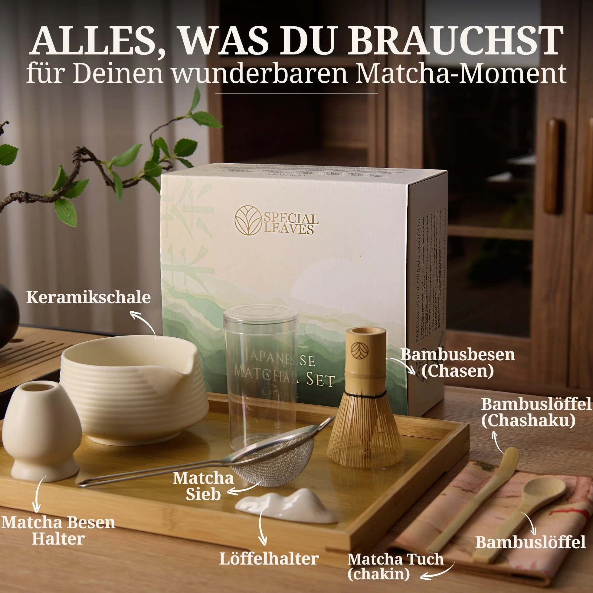 Matcha Set – Bianco – Set da tè Matcha – Scopa, ciotola, cucchiaio, scoop, colino, supporto e accessori – Kit Matcha Premium per gli amanti del matcha