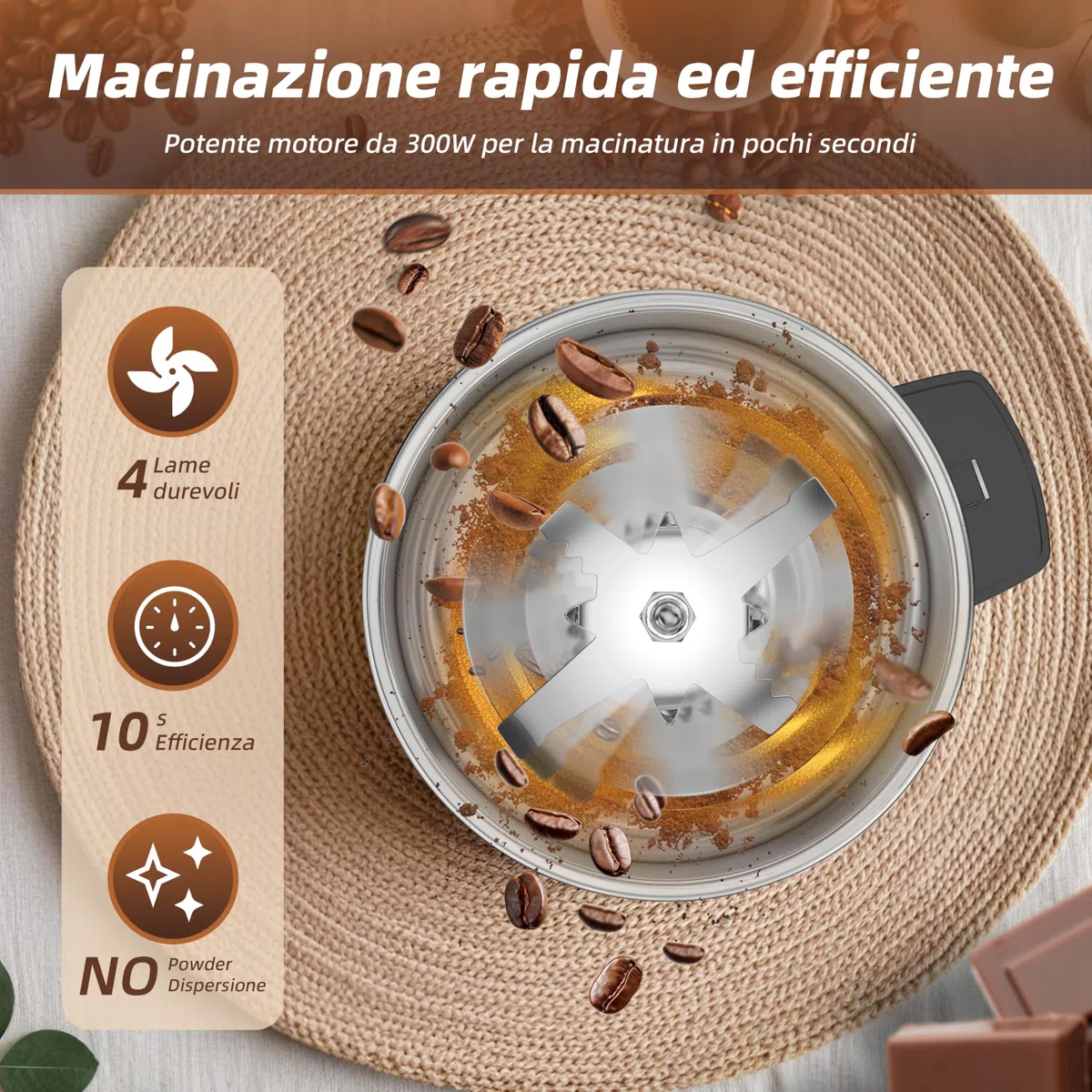 Macina Caffe' Elettrico 300W, Macinacaffè, Macinatura Regolabile Macina Caffe per Espresso/Gocciolamento/Versamento. Macinacaffè Per caffè, spezie e altri alimenti (Argento-210)