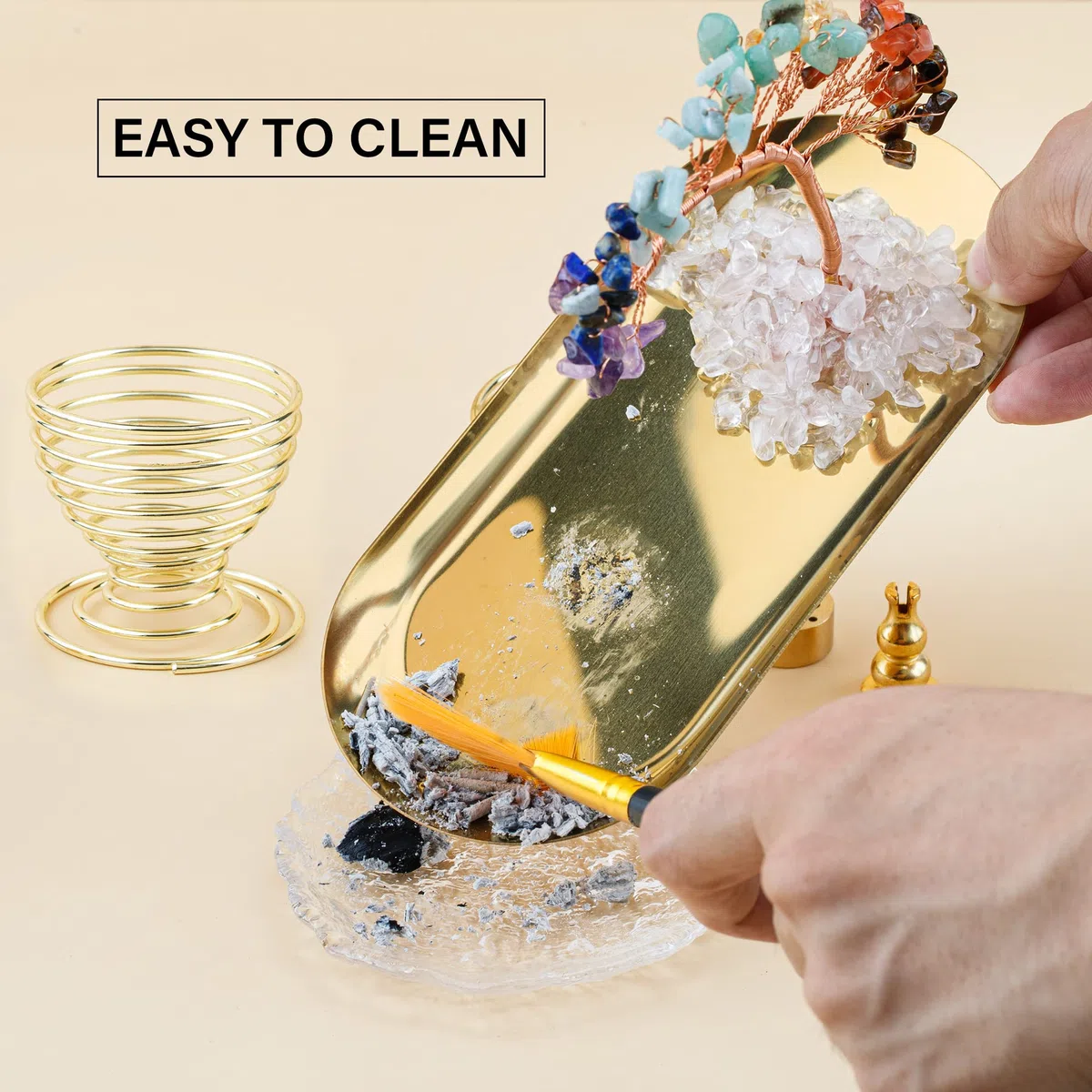 ZenBless 7 Chakra Healing Crystal Tree Incense Holder Palo Santo Holder Sage Burner Brass Ash Catcher for Incense Sticks/Coil Incense/Incense Cones Yoga Meditation Zen Spiritual Room Home Decoration