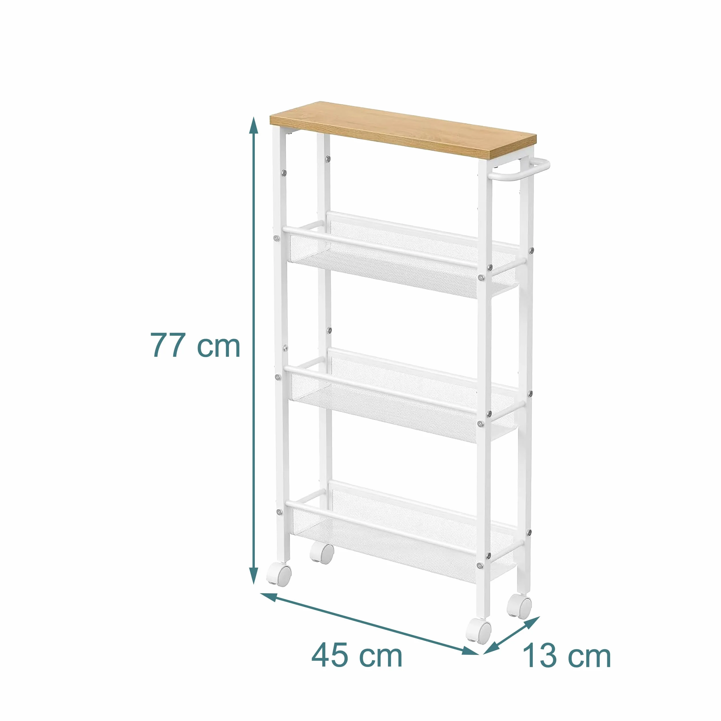 Relaxdays Carrello nicchia in Metallo Effetto Legno/Bianco, 4 Ripiani, salvaspazio Bagno/Cucina, 77x13x45 cm