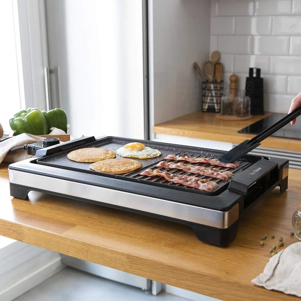 Cecotec Piastre Grill Tasty&Grill 2000 Inox MixStone. 2000 W, Termostato regolabile in 5 livelli di potenza, 37,5 x 24,5 cm, Include vassoio raccogli-grasso