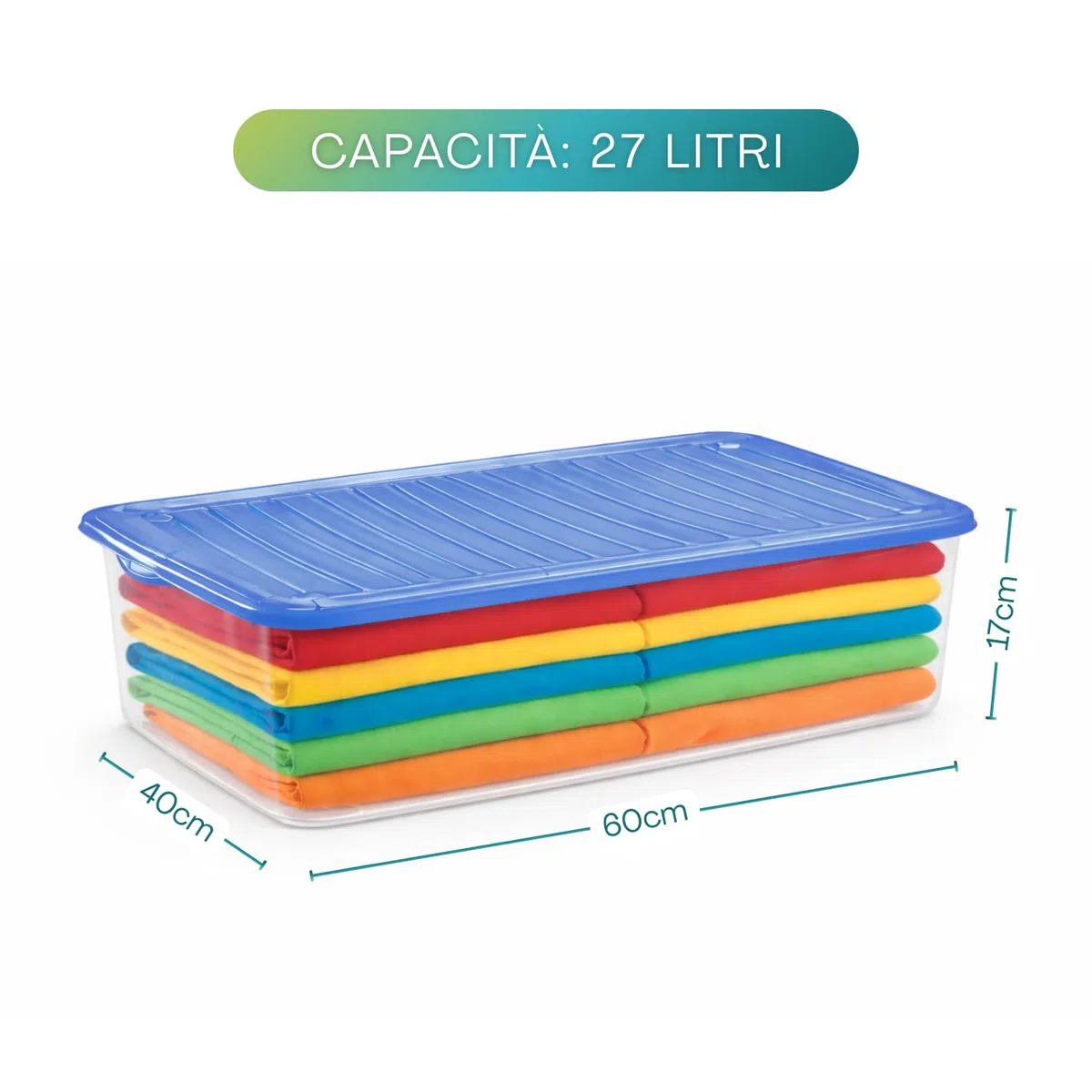 PALUPLUS 3 Contenitori Portabiancheria, misura 60x40x17 cm e capacità 27 Lt, Box Trasparente con Coperchio, Organizer salvaspazio per Scarpe, Vestiti, Giocattoli -1125 (Blu)