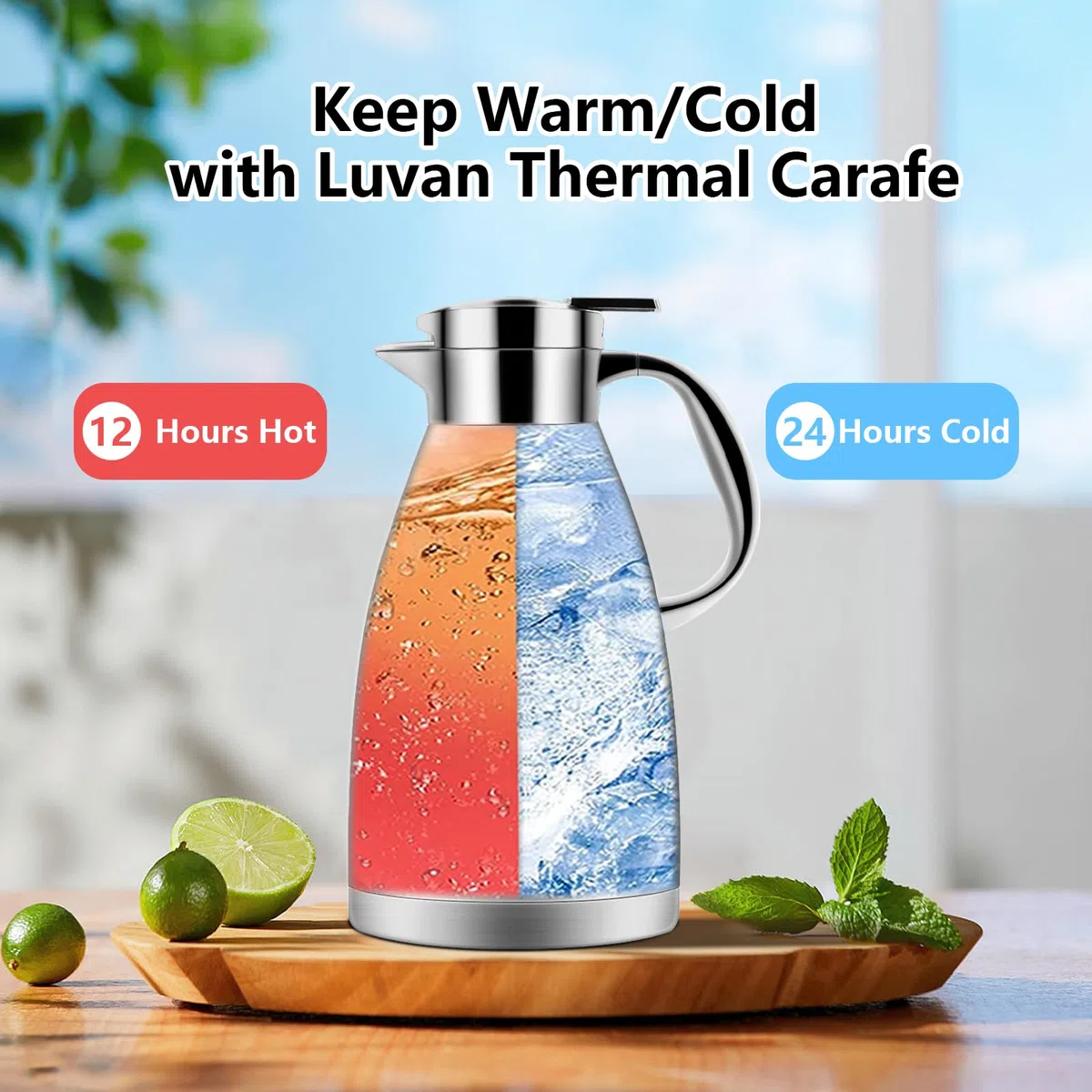 Luvan Caraffa Termica da 1.8 Litri, in Acciaio Inox 18/10 brocca/Thermos a Doppia Parete, isolata sotto Vuoto, con Coperchio a Pressione,conservazione a Freddo o Caldo per più di 24