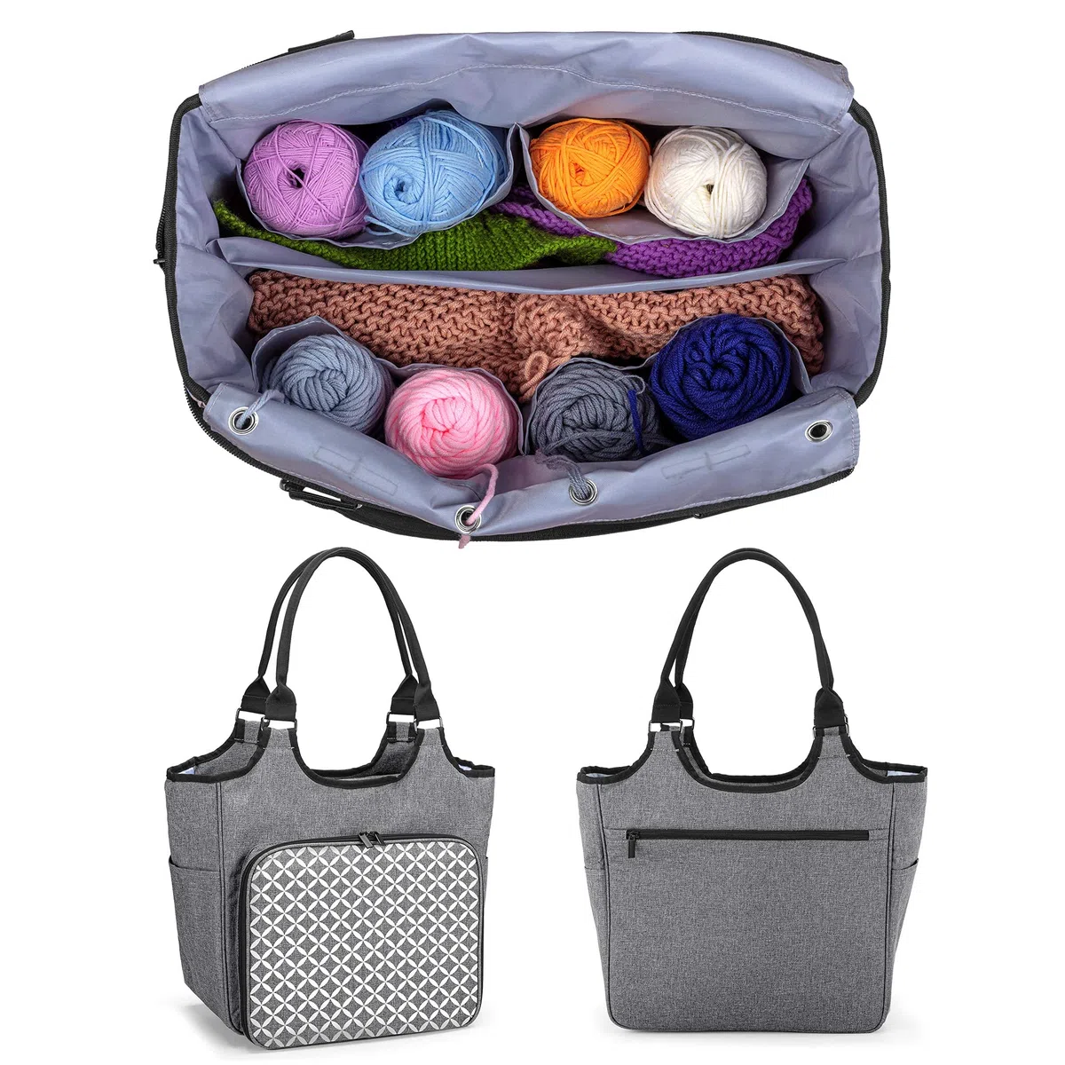 Yarwo Borsa Lavoro a Maglia, Organizer per Lana Gomitolo, Filati e Ferri da Maglia, Borsa da Trasporto per Lavoro a Maglia e Uncinetto Accessori, Grigio con Motivo Ovale