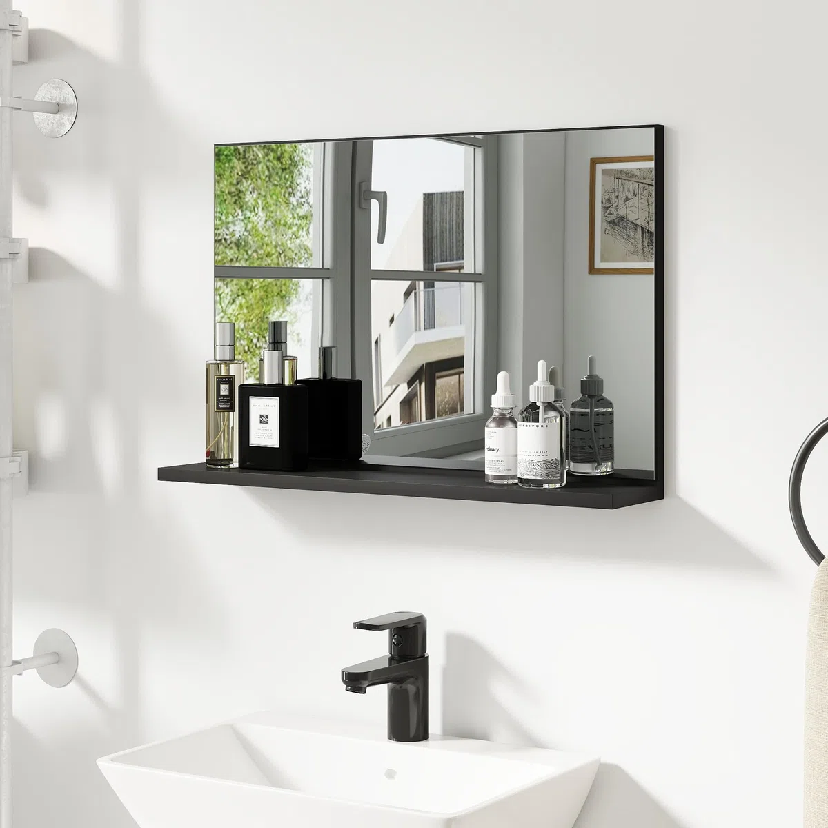 kleankin Specchio Bagno da Parete con Mensola, Specchiera Moderna Multiuso per Bagno, Camera e Ingresso, 60x12x40 cm, Nero