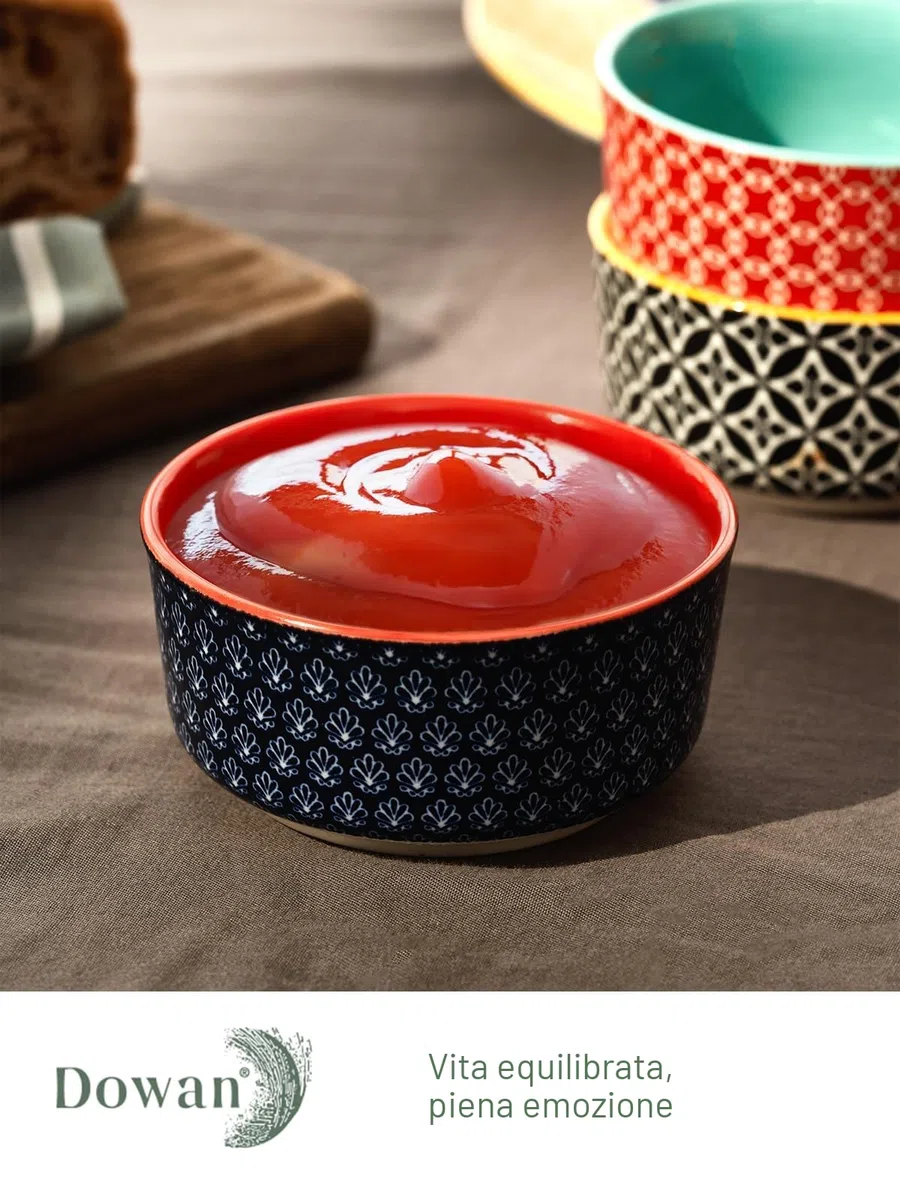 DOWAN Ciotole per Salse in Porcellana, 176 ml Ciotole per Dessert Set da 6 con Coperchi - Ciotola Impilabile per Salse, Snack, Dessert, Tapas, Creme Brulée Ciotole, Multicolore