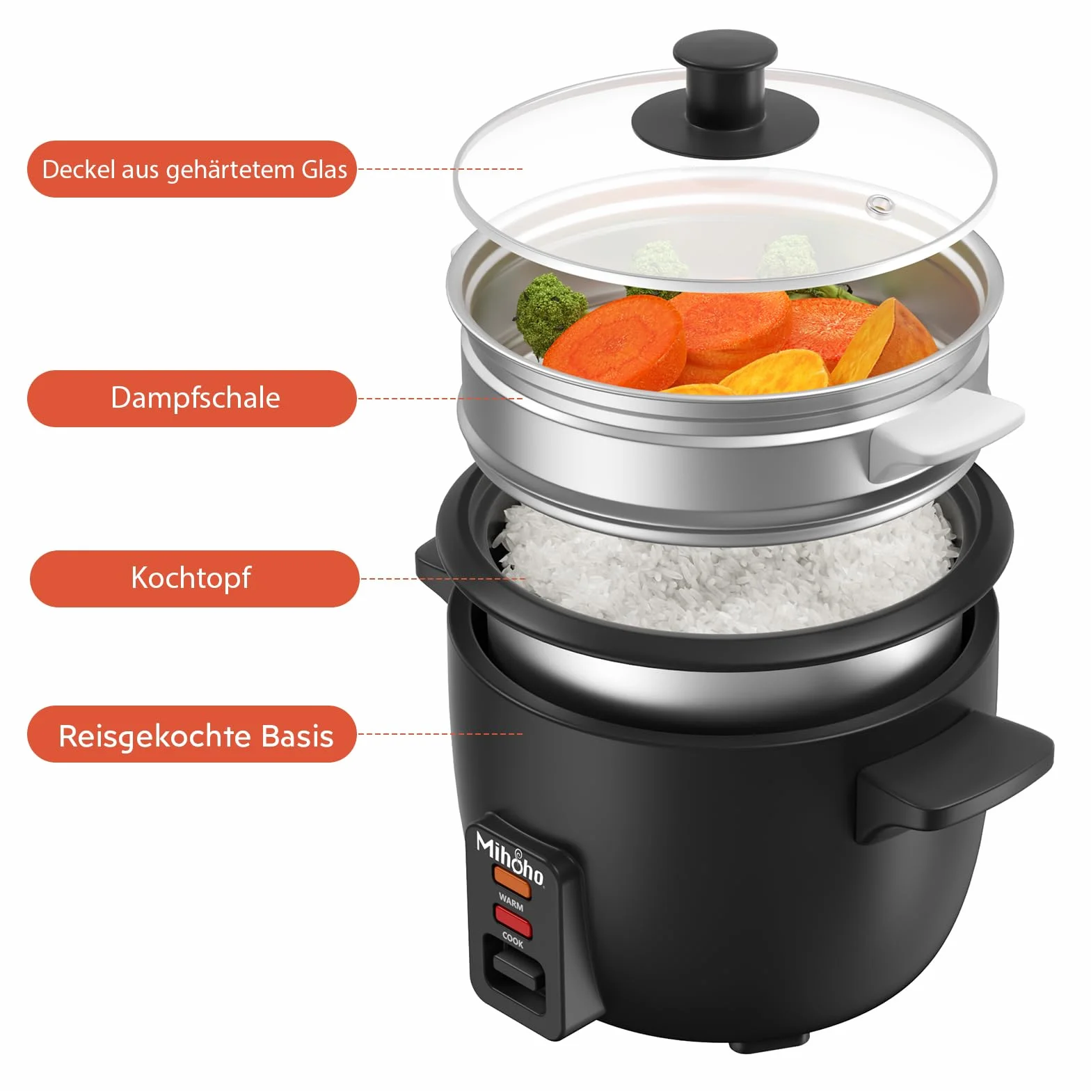 Cuociriso elettrico da 2 l, ciotola in acciaio inox con coperchio in vetro, funzione di mantenimento al caldo, funzione di cottura a vapore, con inserto per vapore, cucchiaio, misurino (nero F)