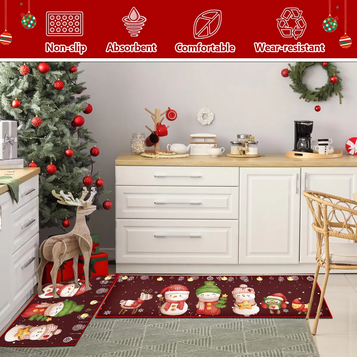 Set di 2 tappetini da cucina di Natale, tappeti natalizi lavabili antiscivolo per corridoio, soggiorno, cucina, Lavanderia (Natale Rosso G, 43x150 cm+43x75 cm)