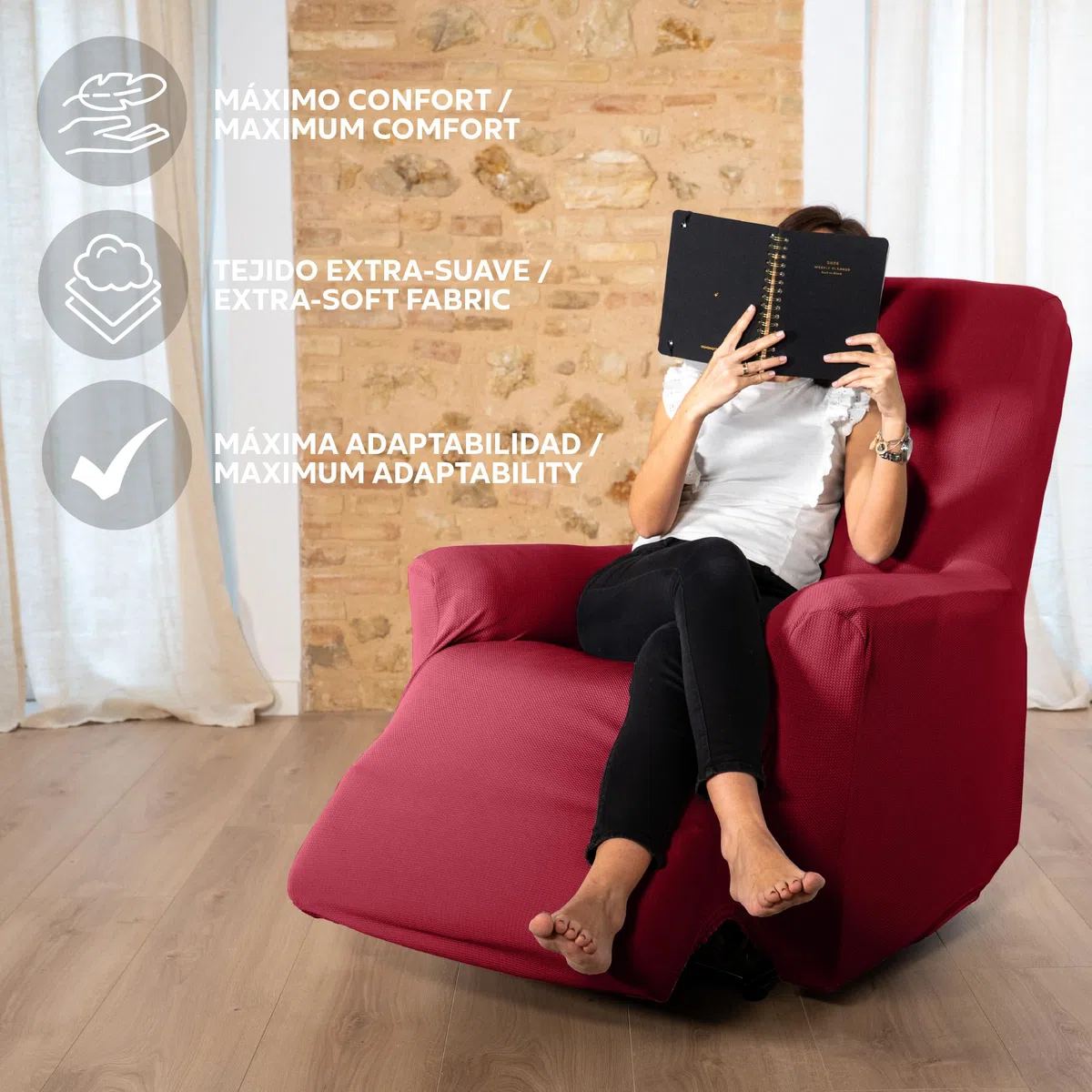 Textilhome Copripoltrona Relax Reclinabile TEIDE 1 Posto – Fodera Elasticizzata, Copridivano Poltrona Protettiva Antigraffio Anti-Animali – Colore Rosso (70-100 cm)