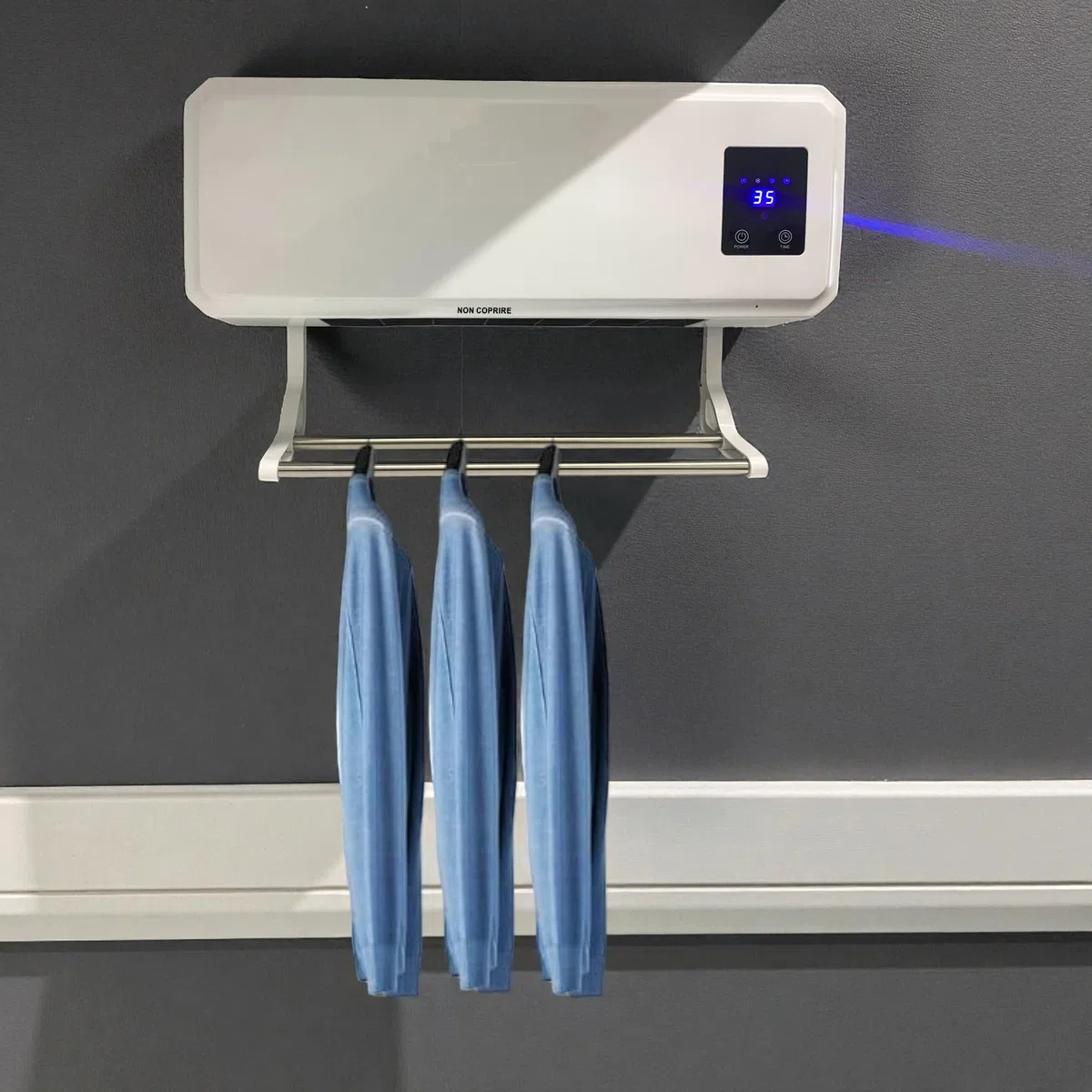 Stufa Elettrica a Parete Termoventilatore 2000W Aria Calda Fresca con Telecomando Timer 12H Display LCD Digitale Caldobagno Elettrico a Basso Consumo con Supporto Asciugamani/stendino integrato