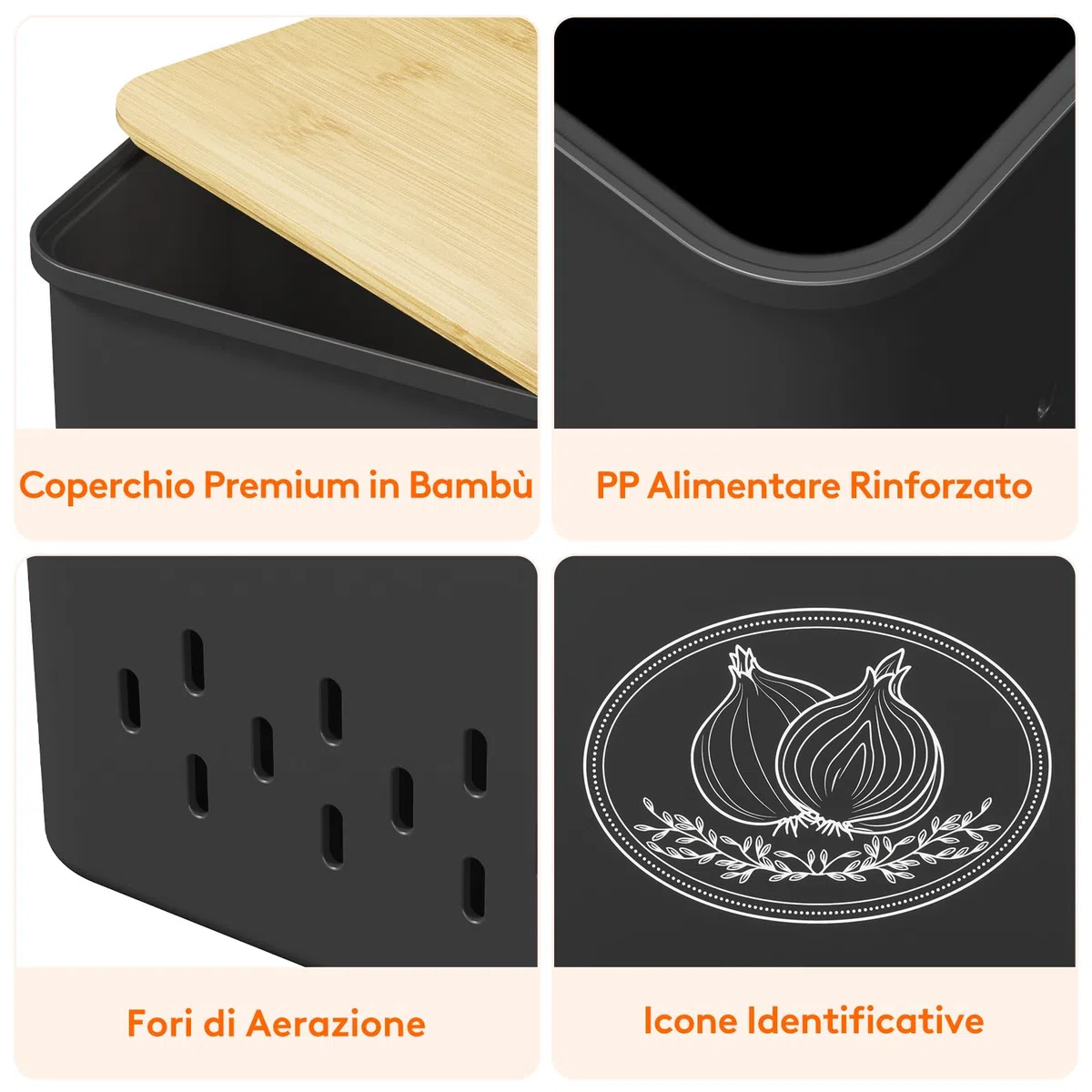 Lifewit Porta Patate, Grandi Porta Cipolla con Coperchio e Fori di Ventilazione, Contenitori Cucina Impilabili in Plastica, 24 cm(H), Nero, 3 Pezzo