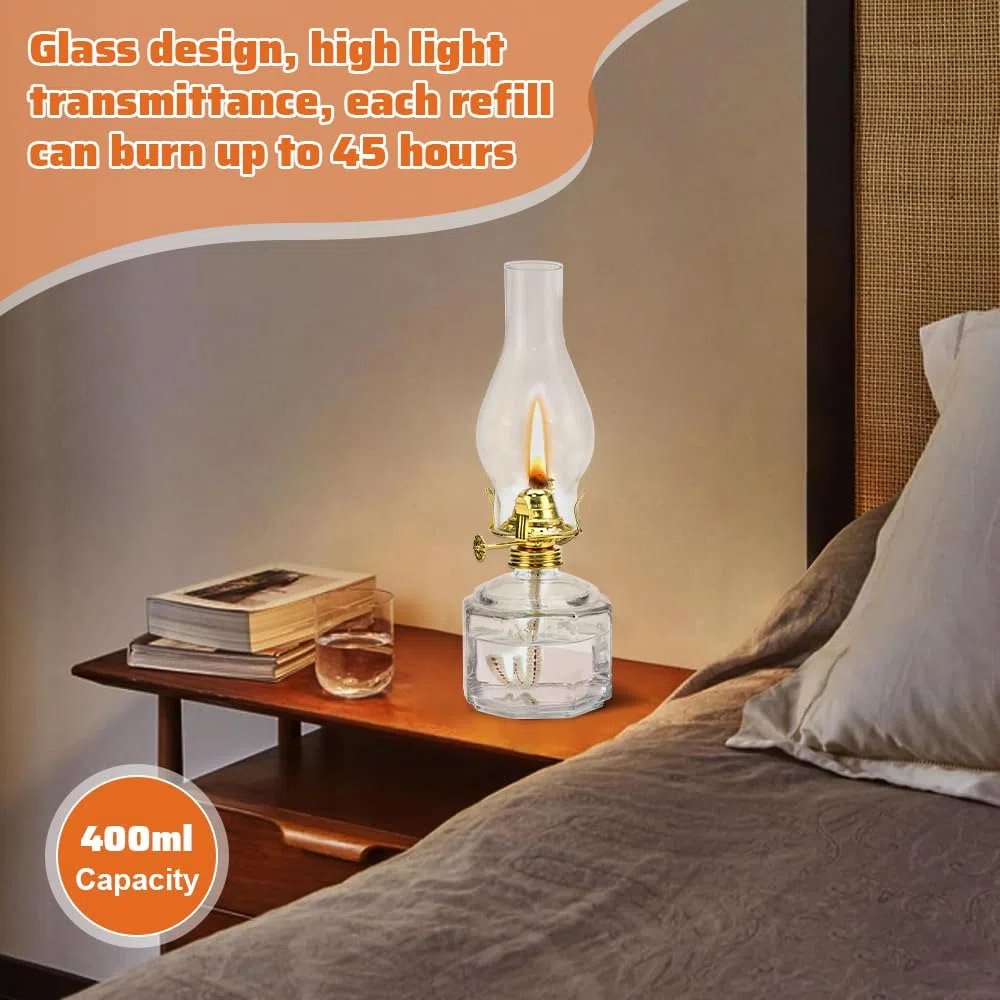 2 Pz Lampada in Vetro a Petrolio,Lanterna ad Olio in Vetro Trasparente,Lampada a Olio Decorativa Antivento,Lampada Lanterna Antica con 6 Pz Stoppini da 18cm per Interni ed Esterni