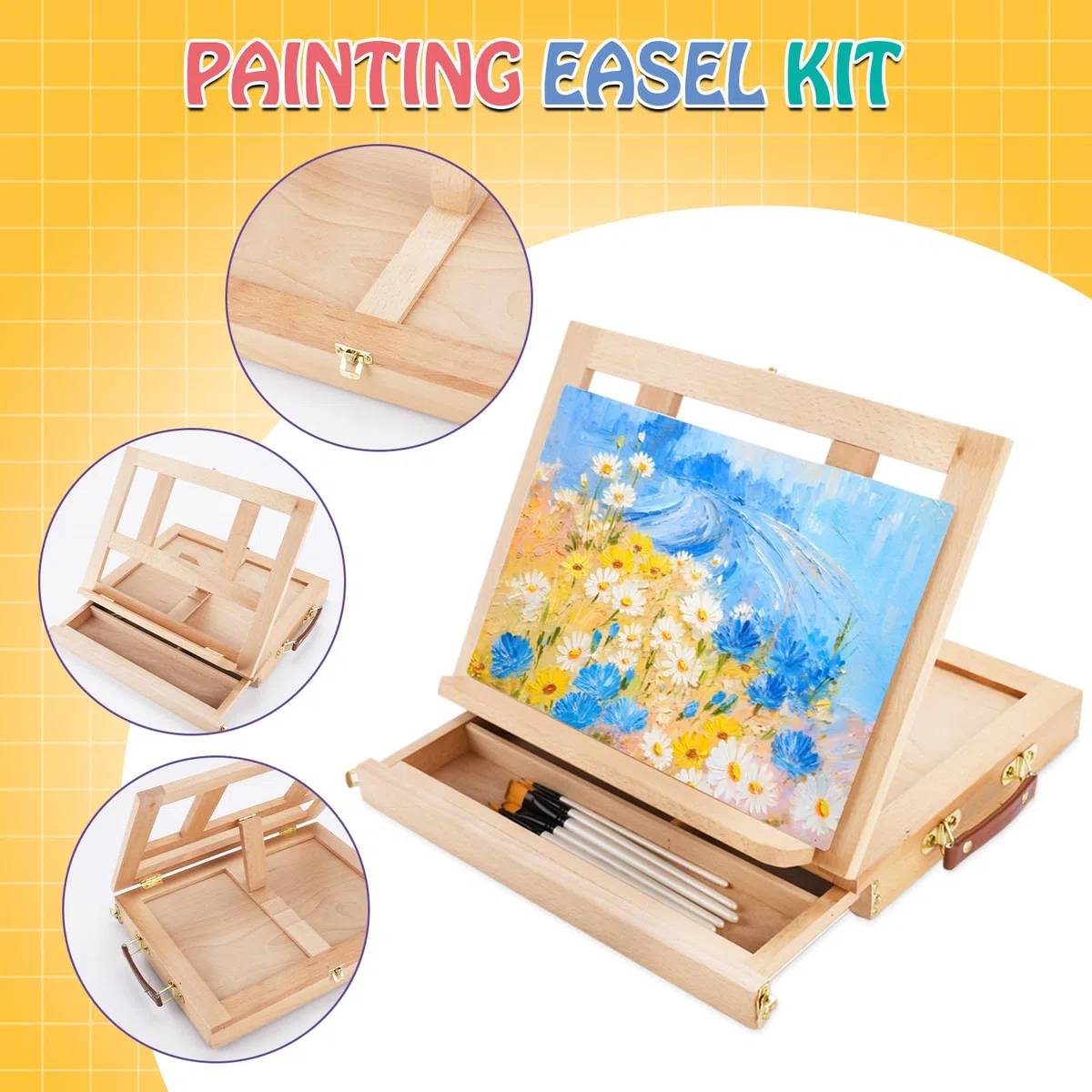 USHOP Cavalletto Pittura,Cavalletto da Tavolo,Set di pittura acrilica da 24 pezzi,12 colori acrilici,5 pennelli,2*Spatola,Tavolozza Colori e Tela A4,per Professionisti e Hobbisti