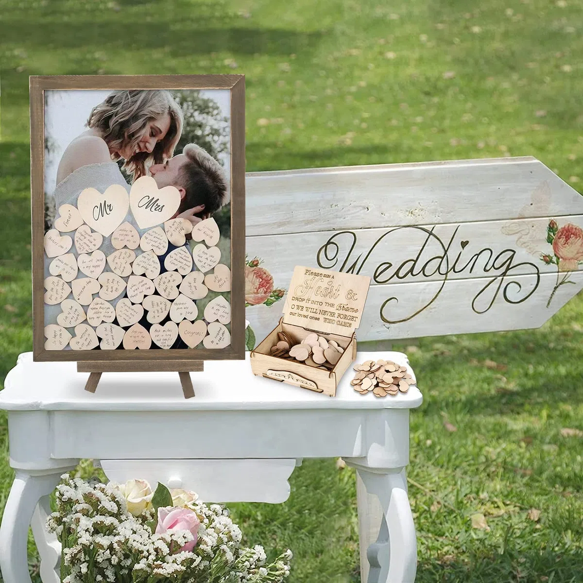 Libro degli ospiti per matrimonio in legno, con cornice portafoto, 100 cuori in legno da scrivere e 2 pennarelli, set per matrimoni, compleanni e baby shower
