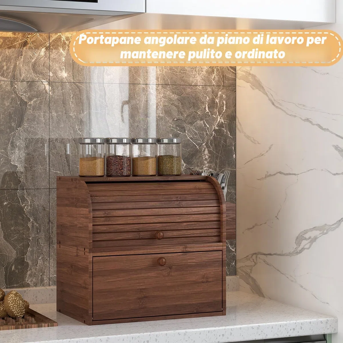TQVAI Portapane Legno, Porta Pane da Cucina in Bambù Contenitore Grande 2 Ripian Capacità con Coperchio Arrotolabile Cestino per Posate, Marrone Retrò, 37,98 x 24,9 x 36,06CM(L*P*A)