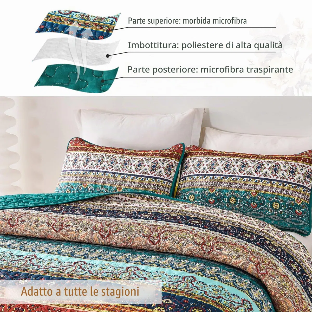 WONGS BEDDING Copriletto 220 x 240 cm, copriletto bohémien, 3 pezzi, per letto matrimoniale, in microfibra, con 2 federe da 50 x 75 cm, per camera da letto, divano, colore: marrone