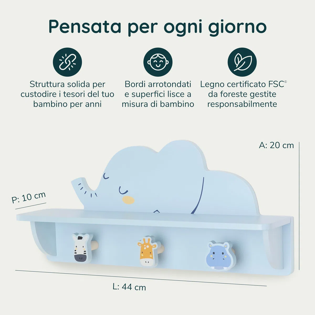 Twig & Leaf Appendiabiti da Parete Bambini in Legno FSC con 3 Ganci - Mensola Cameretta Elefante Montessori - Attaccapanni Bambini da Muro
