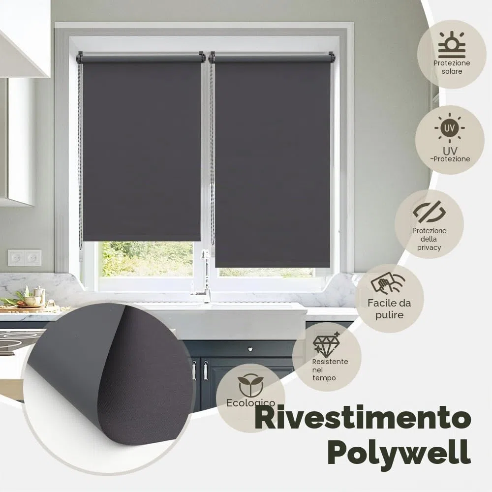Sekey Tenda a rullo oscurante, senza fori, Klemmfix, larghezza 90 cm, protezione dal calore, protezione solare e da parete, per finestre e porte, 90 x 130 cm, grigio