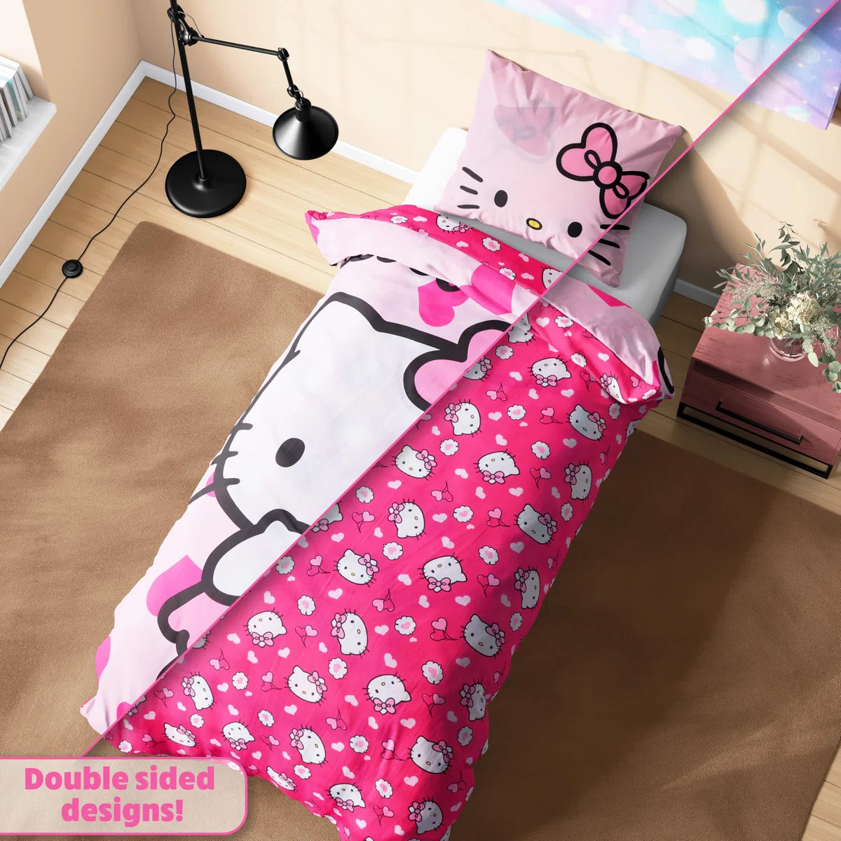 Hello Kitty Sanrio Copripiumino Singolo Reversibile Bambina Ragazza 135x200, Accessori Camera da Letto Kuromi Cinnamoroll, Regalo per Lei (Rosa Hello Kitty, Singolo)