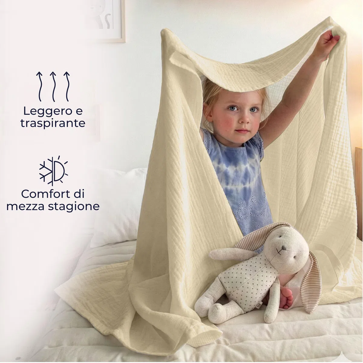 Dreamzie Coperta leggera in mussola 150x200 cm – 100% cotone – Coperta divano estiva e plaid traspirante – Copriletto leggero in garza di cotone certificata Oeko-Tex – Beige