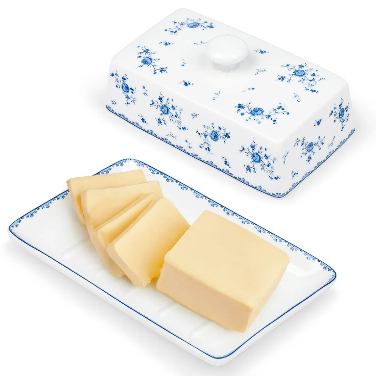 Fanquare Burriera in Ceramica a Fiori Blu con Coperchio e Manico per 250 g di Burro, Grande Burriera in Porcellana, Alta Qualità