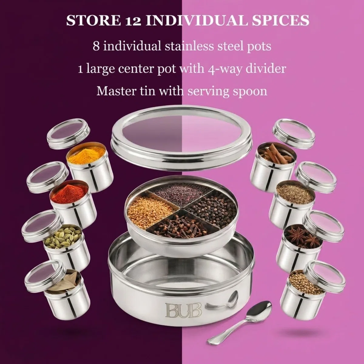 Bub: Masala Dabba - Contenitore per spezie grande da 22 cm, 9 barattoli per spezie con coperchi singoli, contiene 12 spezie, in acciaio inox lucido, con cucchiaio da portata e coperchi in acrilico