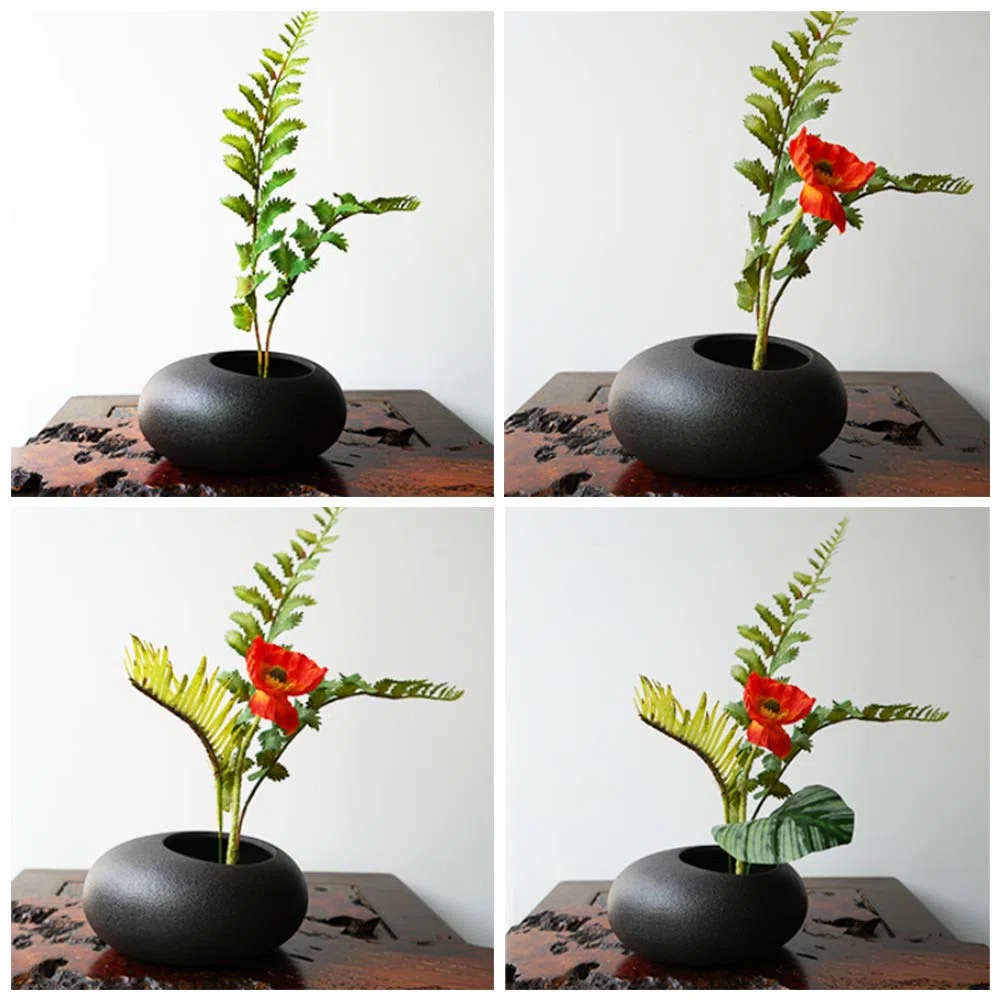 WANDIC - Kit per la Composizione dei Fiori, in Ceramica con Ghiaia Nera e Vaso da 4 cm, Motivo Kenzan, Rana in Ceramica Floreale, per Decorare la casa
