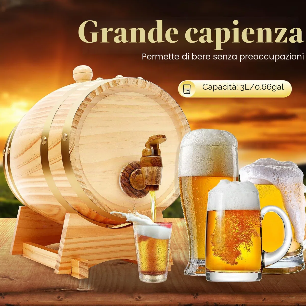 Botte di vino da 3 litri in legno con tappo e rubinetto, botte per whisky, vino
