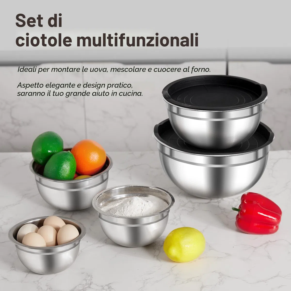 Zanfqvo Ciotole Miscelatori in Acciaio Inox, Set di 5 Insalatiera con Coperchio Ermetico, 0.7L/ 1.1L/ 1.5L/ 2.7L/ 4.5L, Ciotola Impilabili in Metallo, Lavabili in Lavastoviglie, insalatiere mescolare
