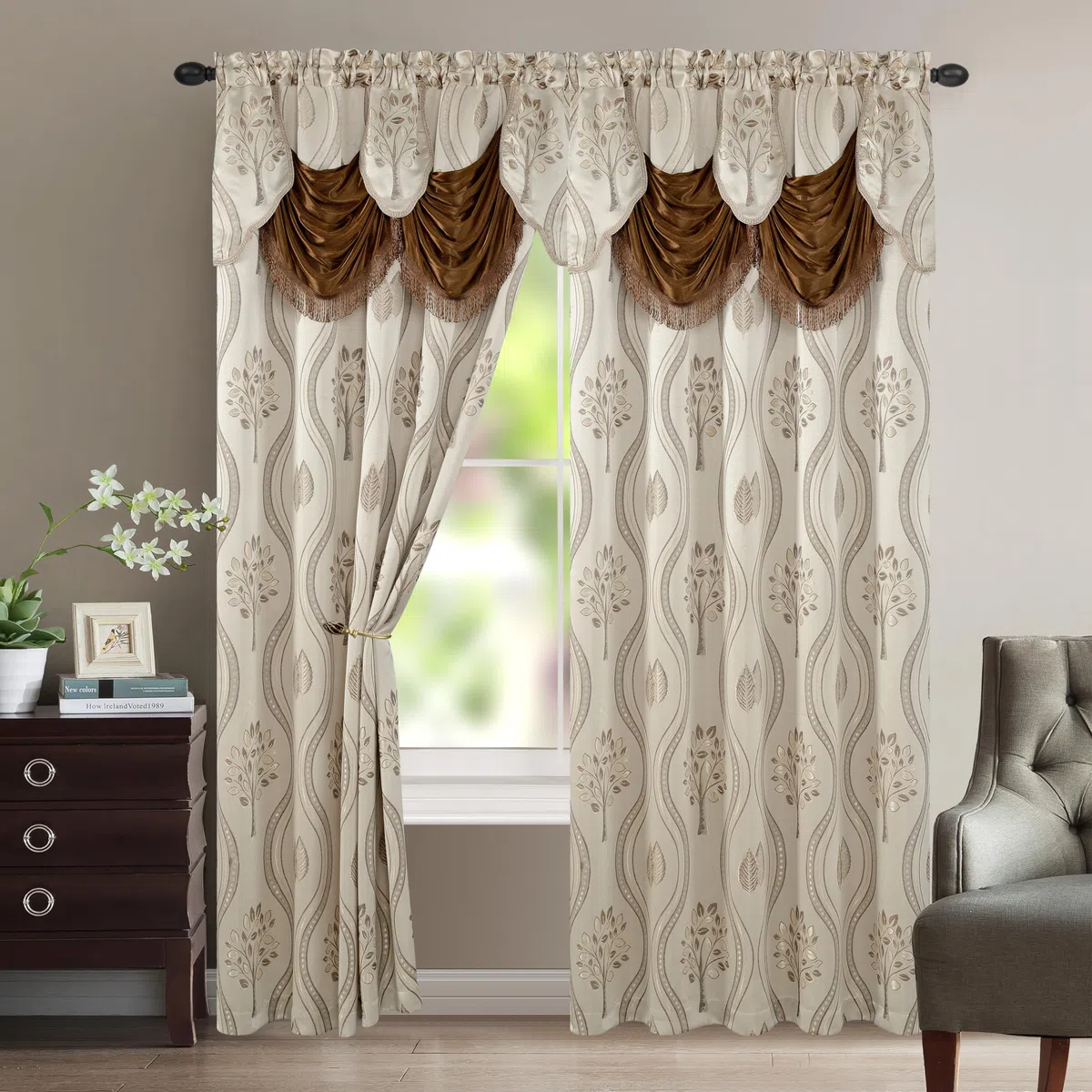 Elegant Comfort Lussuoso set di tende a pannello con mantovana attaccata e supporto 137,2 x 213,4 cm (set da 2), beige