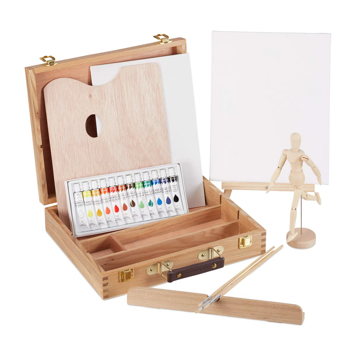 Relaxdays Valigetta Pittore, 22 pz,Set Disegno in Legno, Manichino, Tavolozza, Pennelli, Tela, Cavalletto, Colori,Legno
