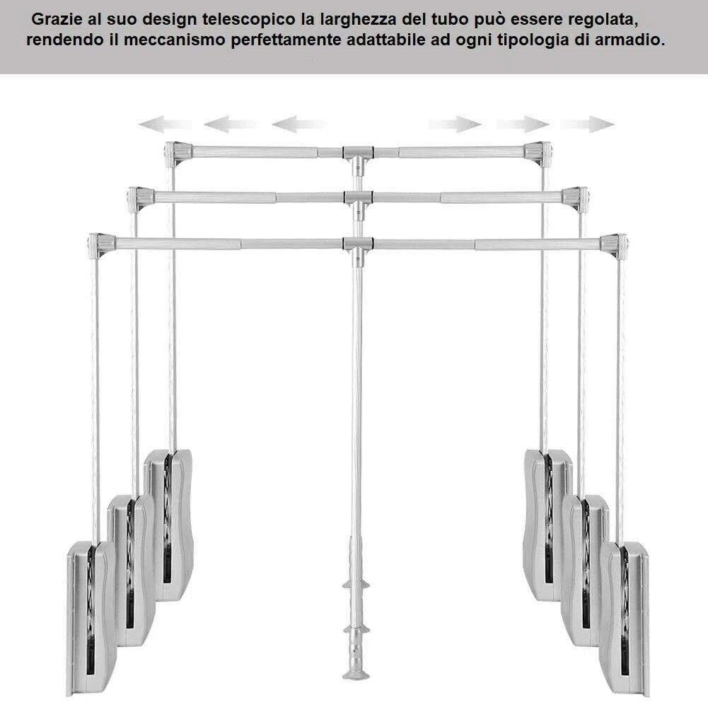 Saliscendi per Armadio Meccanismo Appendiabiti Ammortizzato Soft in Alluminio (830-1200 mm)