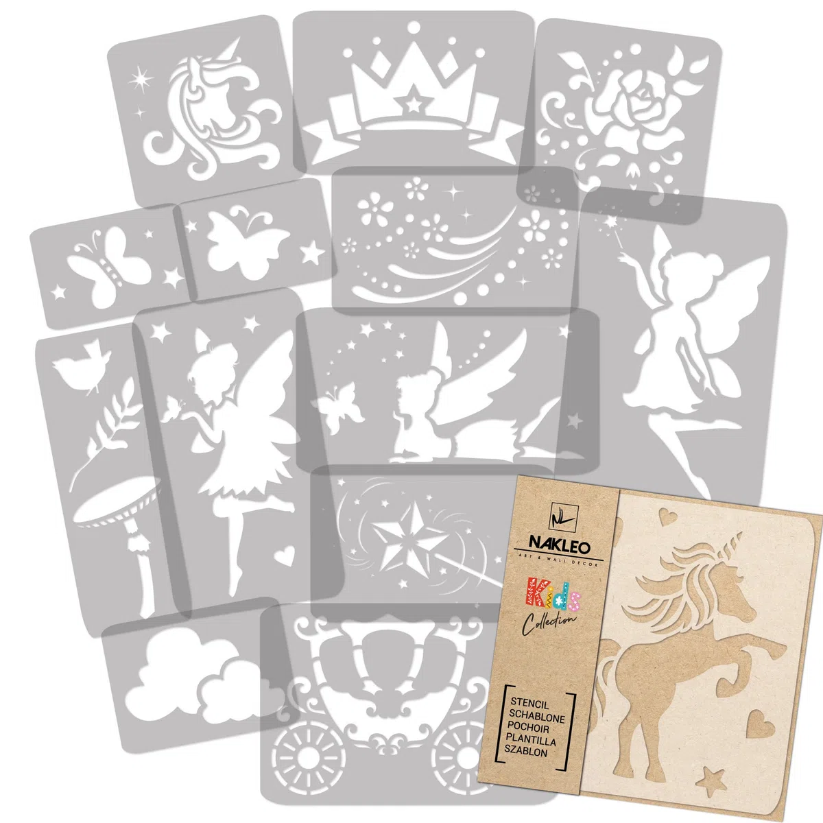 NAKLEO Stencil di Pittura per Bambini, Set di 14 Pezzi da 9x12 a 23x34cm Magia Fata Unicorno, Modelli Plastica e Riutilizzabili di Stanza Decorazione, Sagome DIY Fai-da-te, Mobili Muro Legno